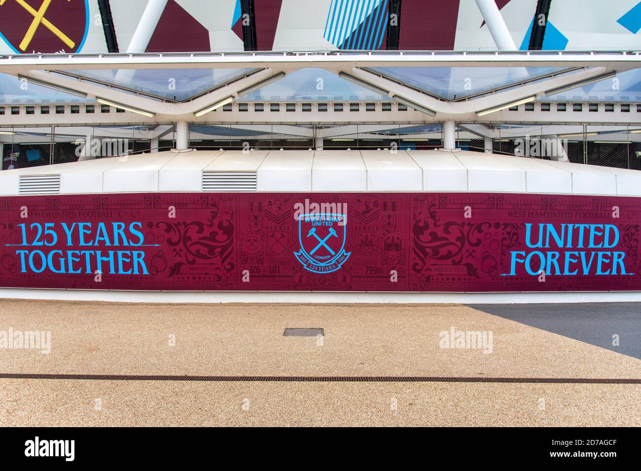 A sign on the London Stadium reading '125 years together and 'United Forever' at the home of West Ham United Football Club. Stock Photo