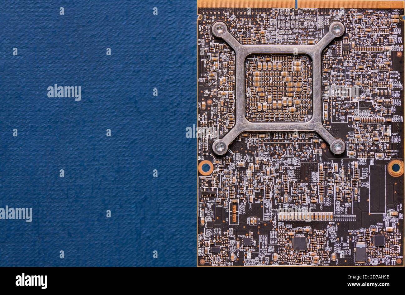 Electronic circuit board on blue background with copy space, top view ...