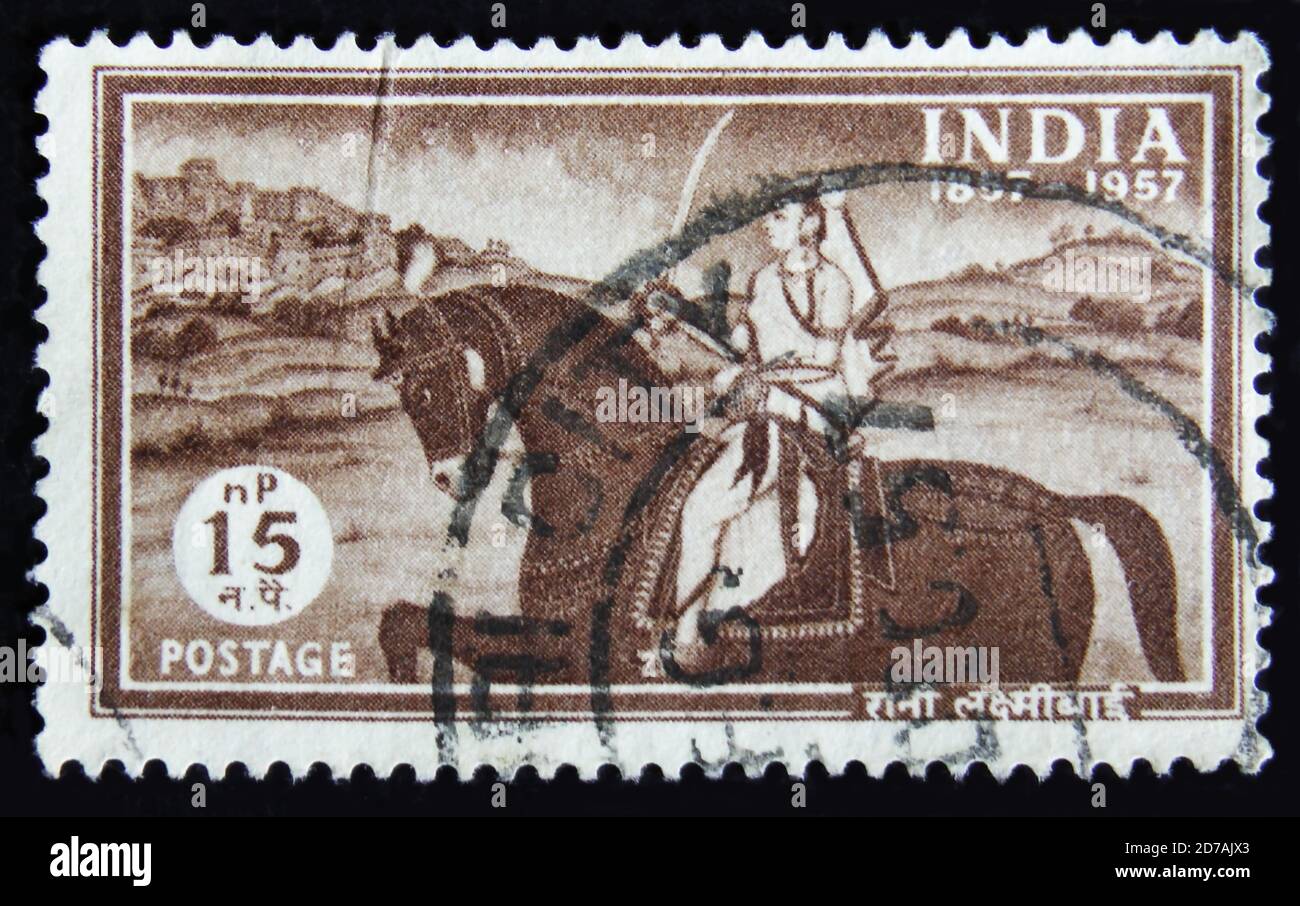 MOSCOW, RUSSIA - APRIL 2, 2017: A post stamp printed in India shows woman on a horse with sword, Laxmibai, Rani of Jhansi, circa 1957 Stock Photo