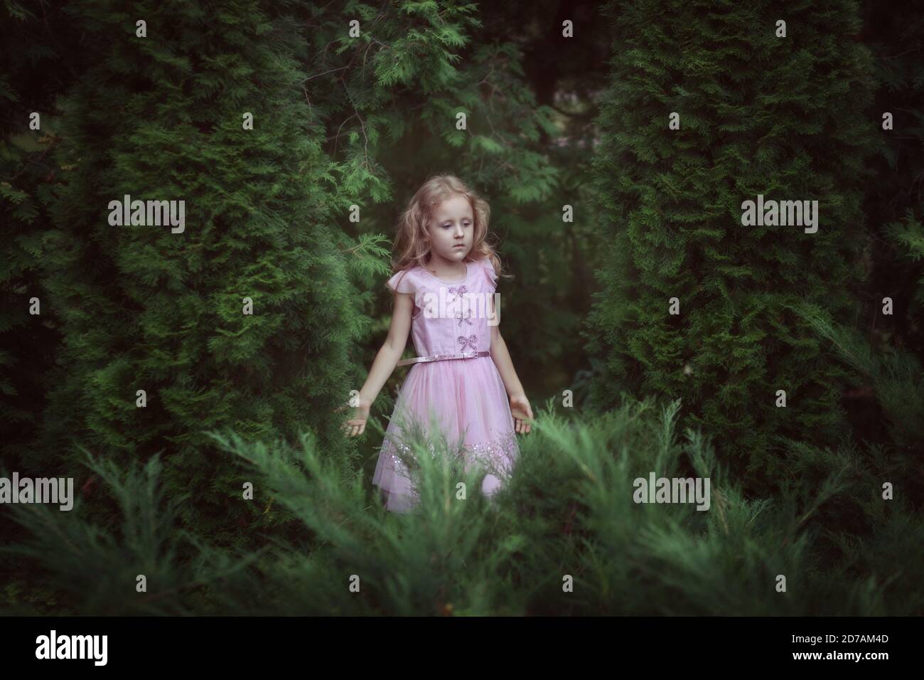 Sweet girl in a pink dress standing in the fairy forest Stock Photo - Alamy