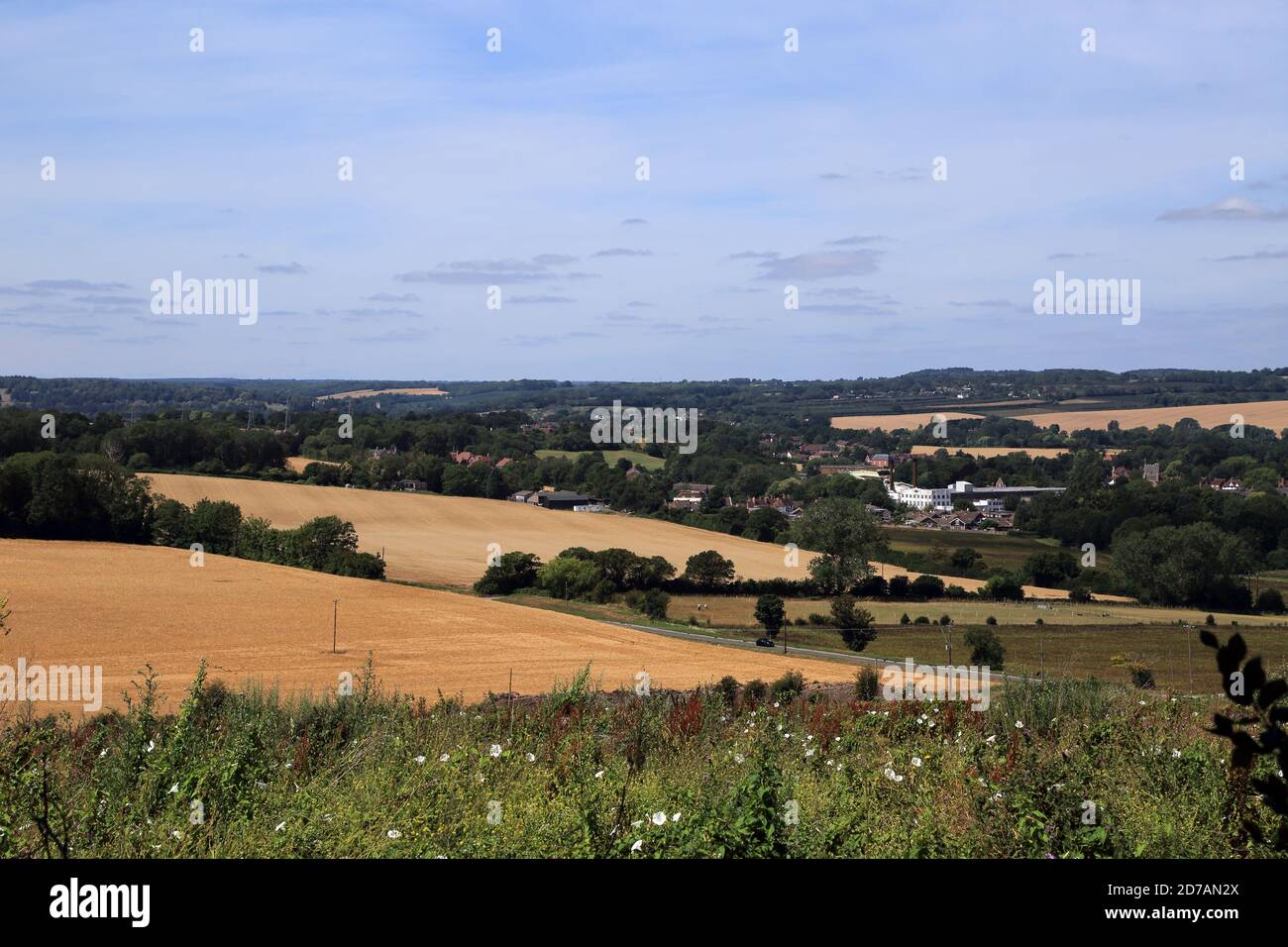Views across farmland towards Chartham from above Cockering Lane, Chartham, Canterbury, Kent, England, United Kingdom Stock Photo