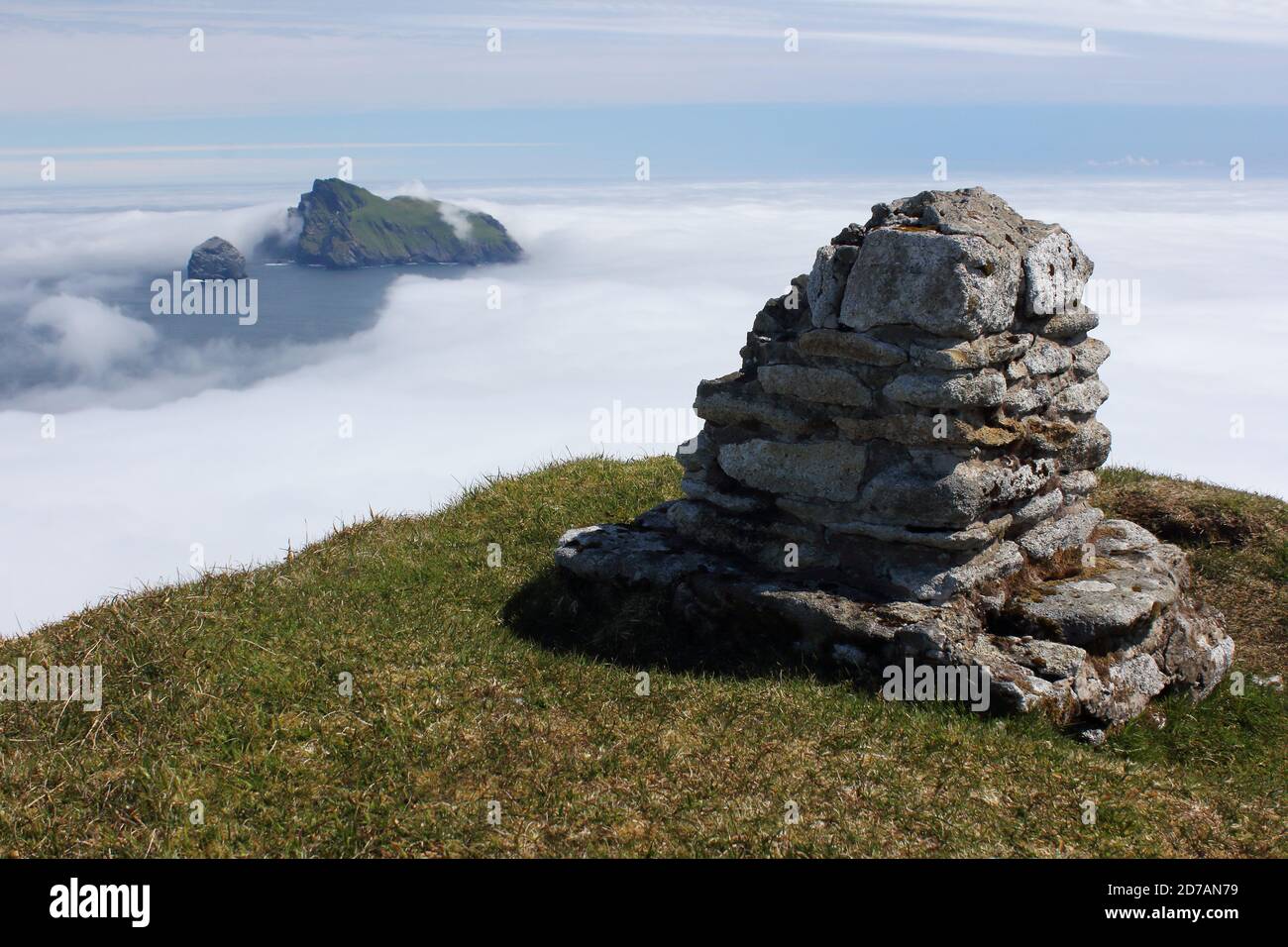 The cairn at the top of Conachair, the highest point on Hirta, St. Kilda. Stock Photo
