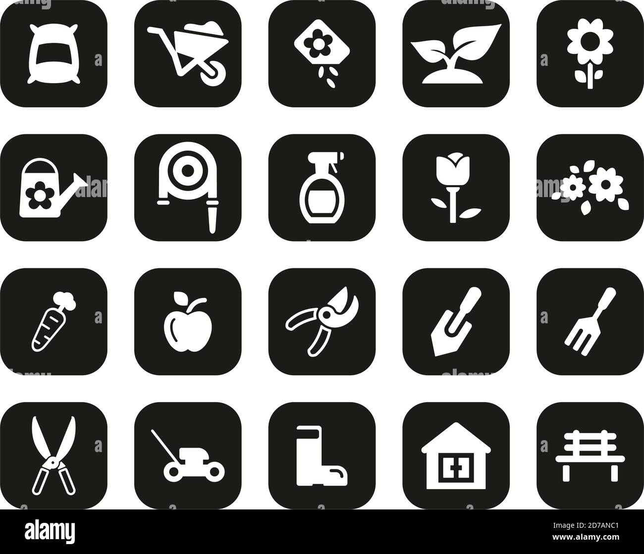 Gardening & Gardening Tools Icons White On Black Flat Design Set Big ...