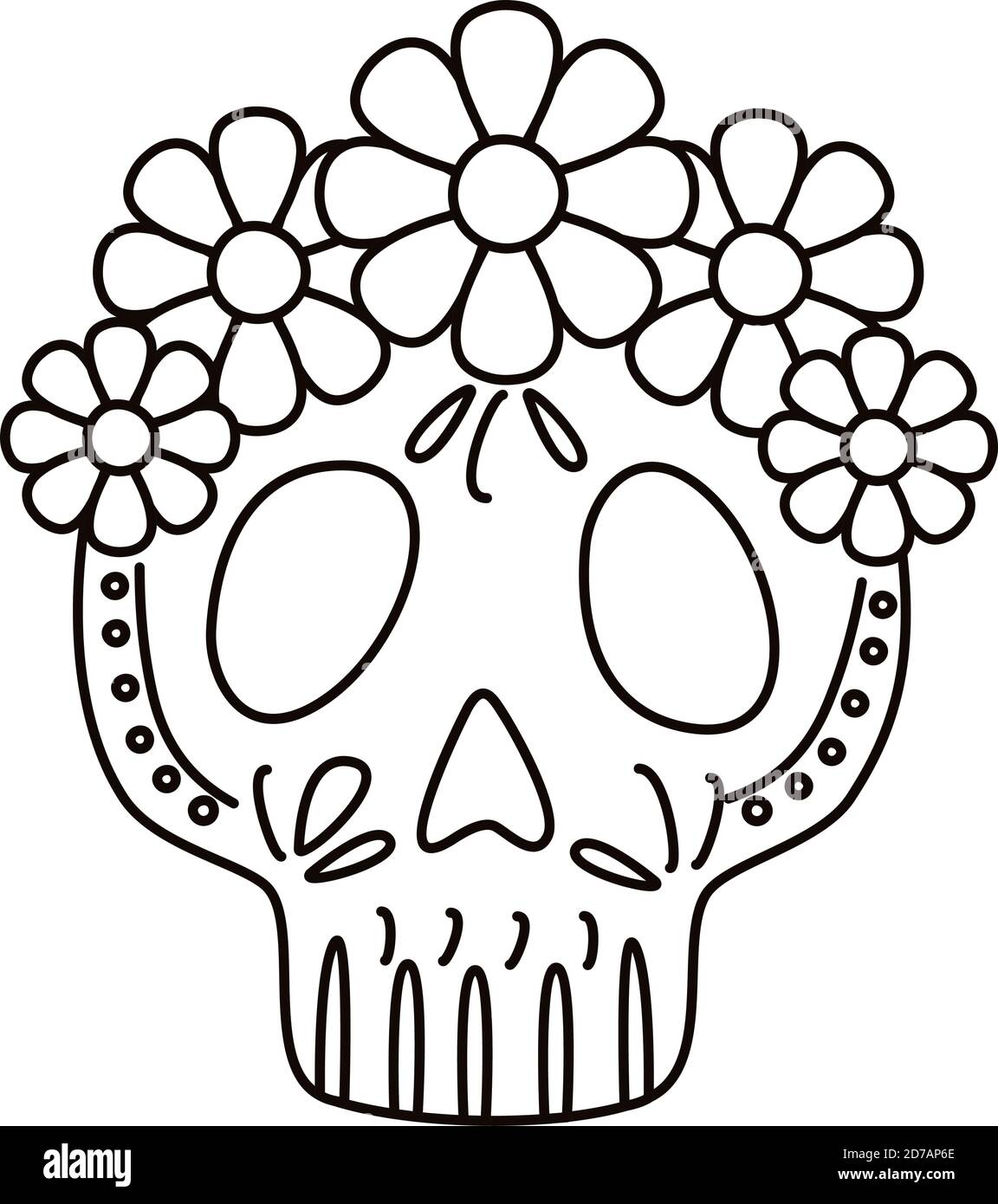 traditional mexican skull head with flowers line style icon vector ...