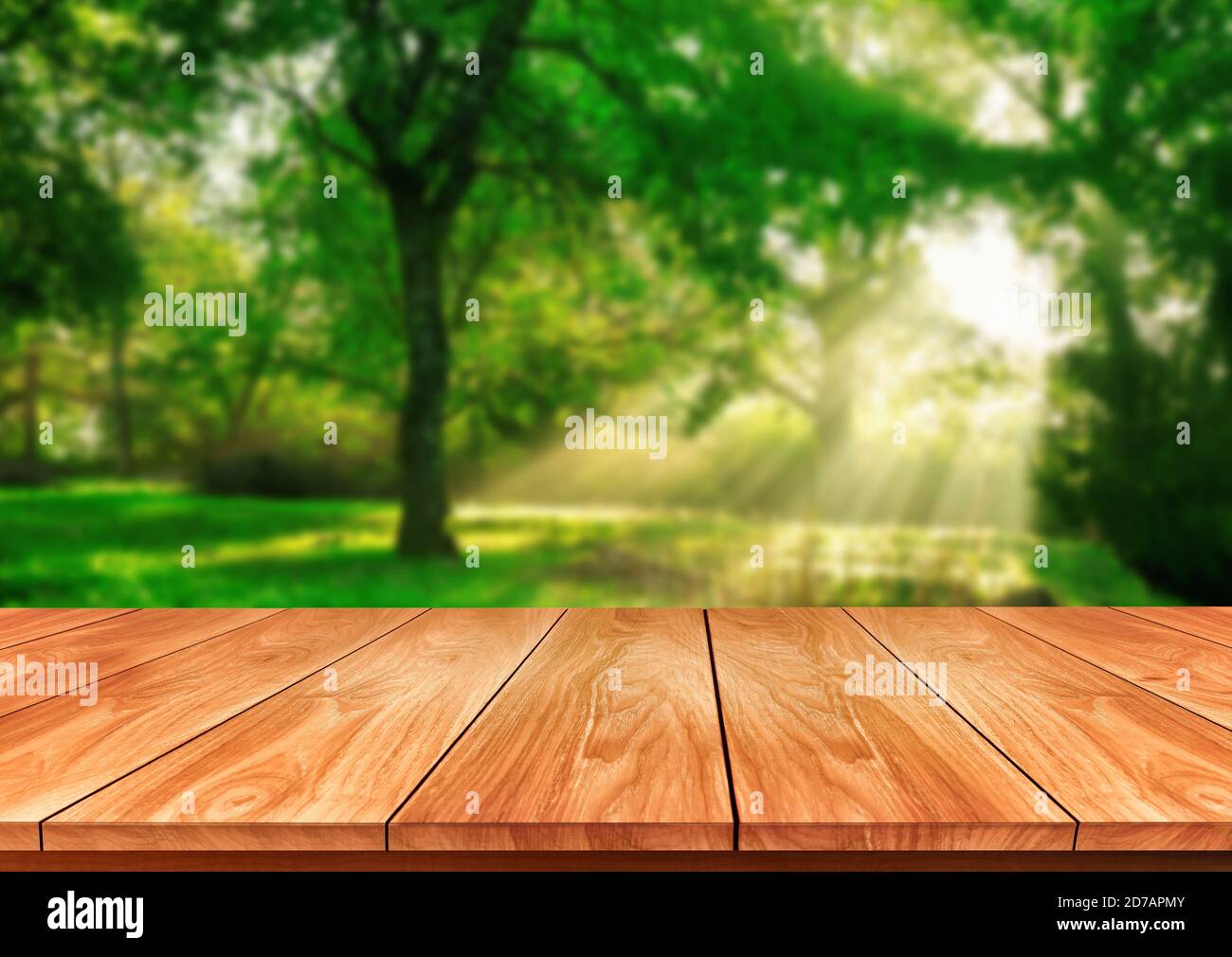 Brown wood table in green blur nature background of trees and grass in the  park with empty copy space on the table for product display mockup. Fresh  Stock Photo - Alamy