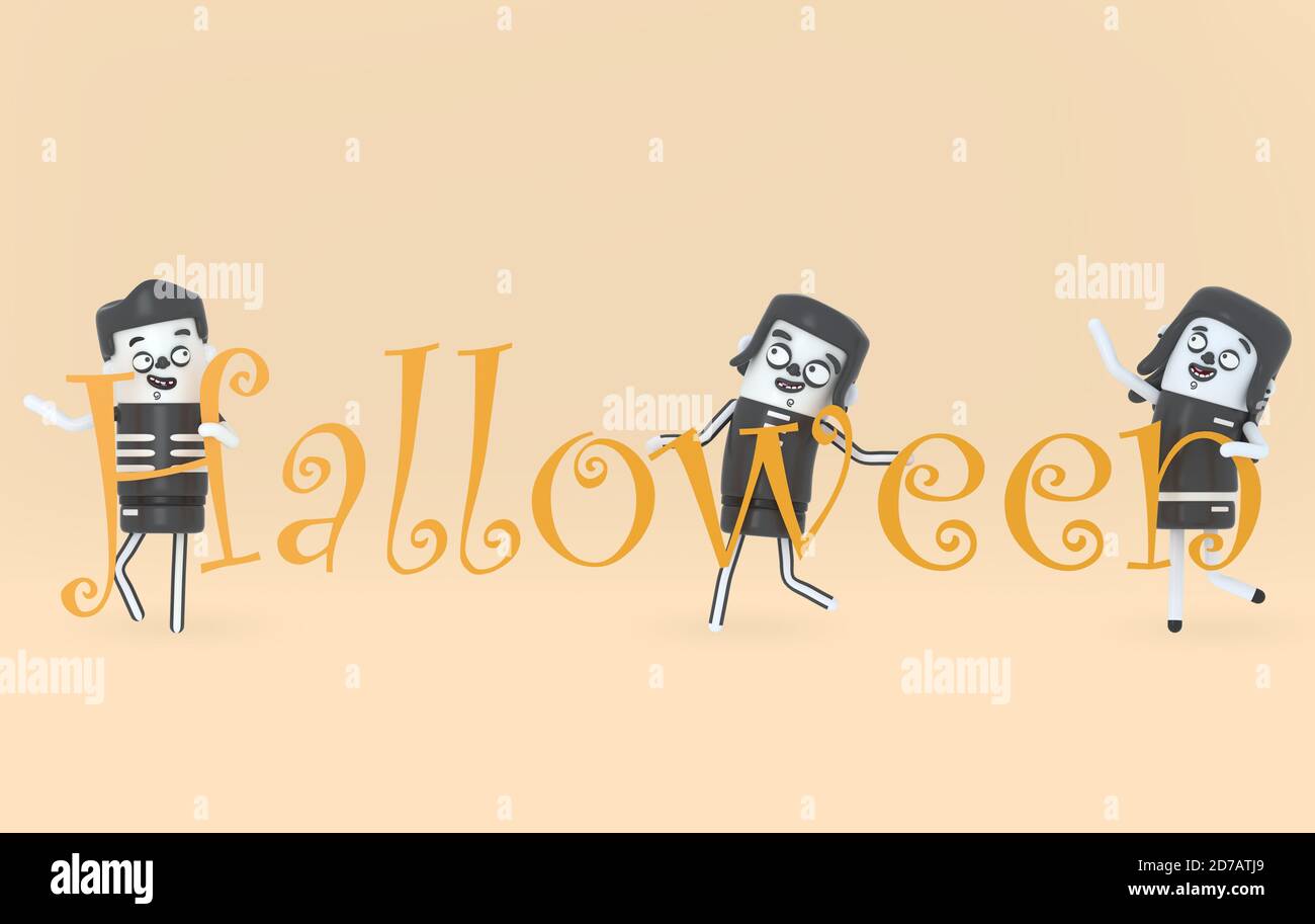 Young people in costumes holding happy letters. Halloween. 3d