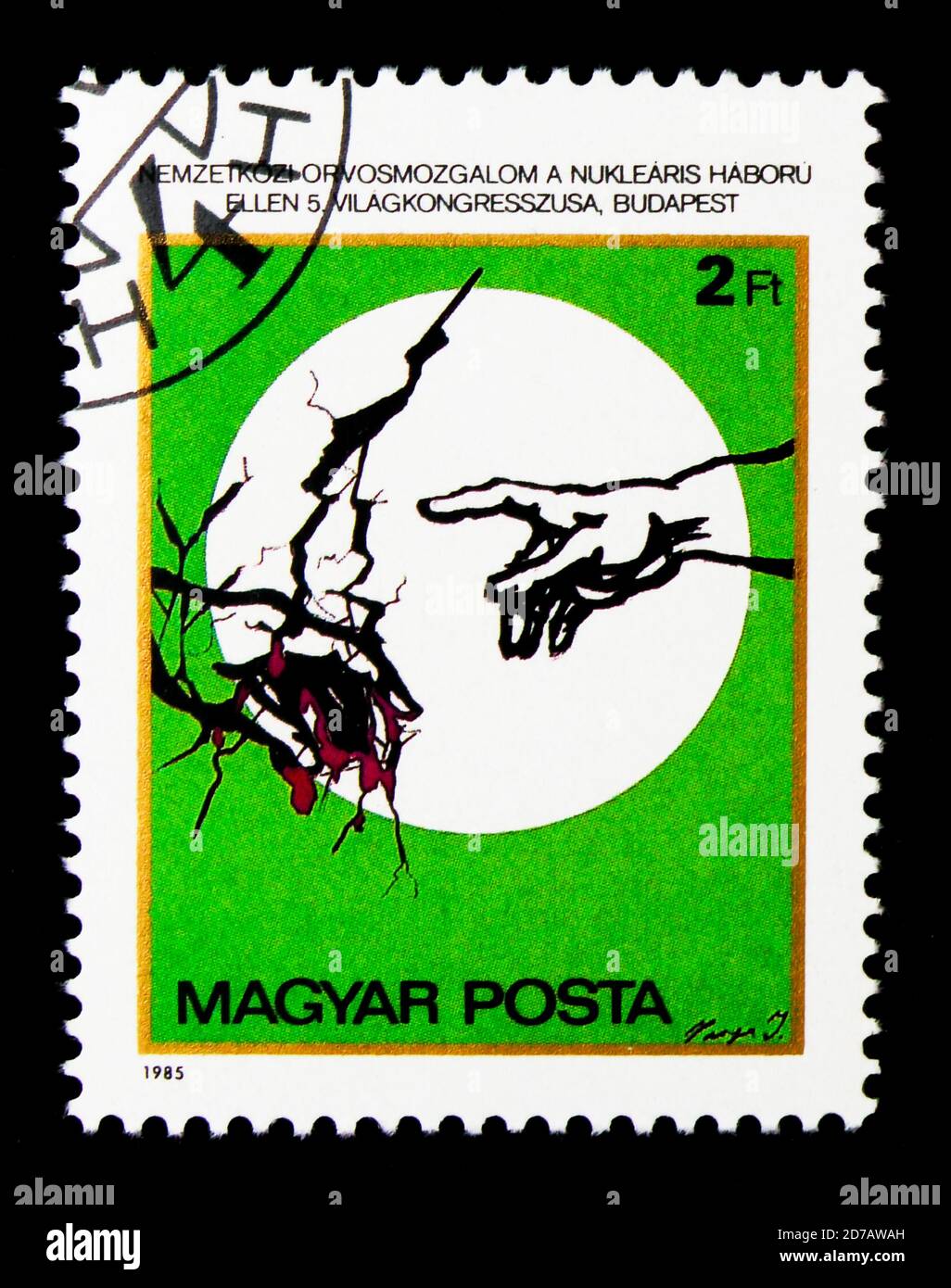 MOSCOW, RUSSIA - NOVEMBER 26, 2017: A stamp printed in Hungary shows Prevention of Nuclear War, serie, circa 1985 Stock Photo