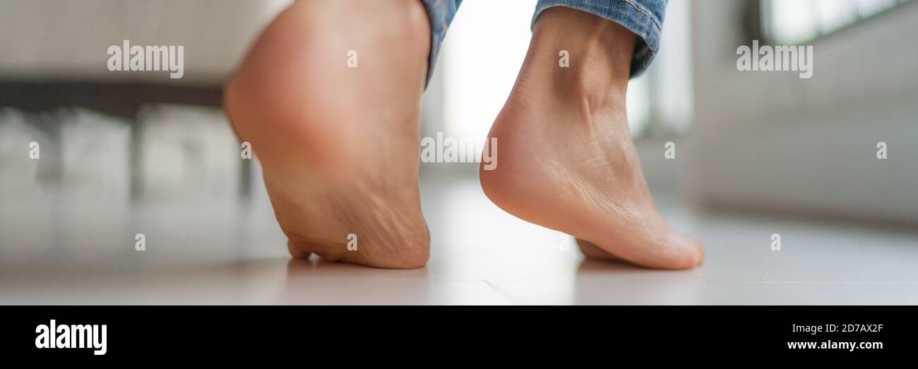 Barefoot feet walking on heated floors at home Comfort lifestyle