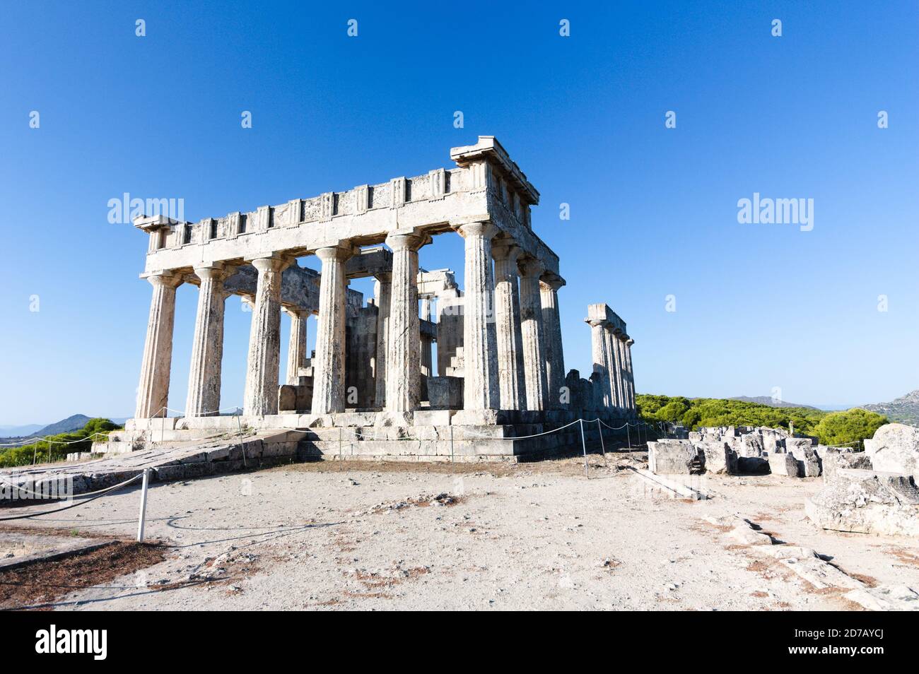 Ancient temple of the goddess Aphaia, in a Doric, peripteral hexastyle, Aegina Island, Saronic Gulf. Aegean See, Greece. Mediterranean Sea Stock Photo