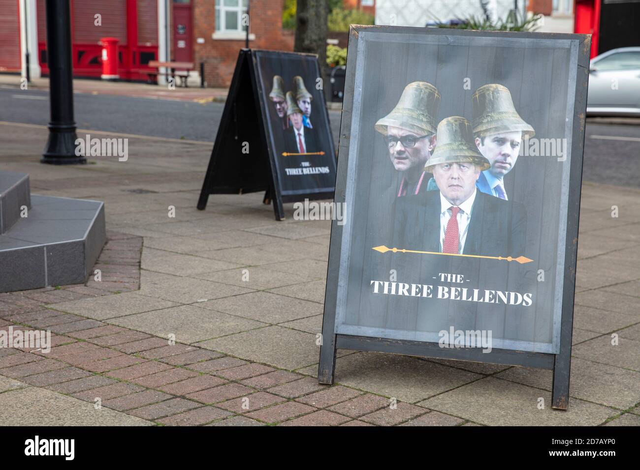 LIVERPOOL, UK - October 2020: The James Atherton Pub in Merseyside is re-named The Three Bellends in protest against the UK Government Stock Photo