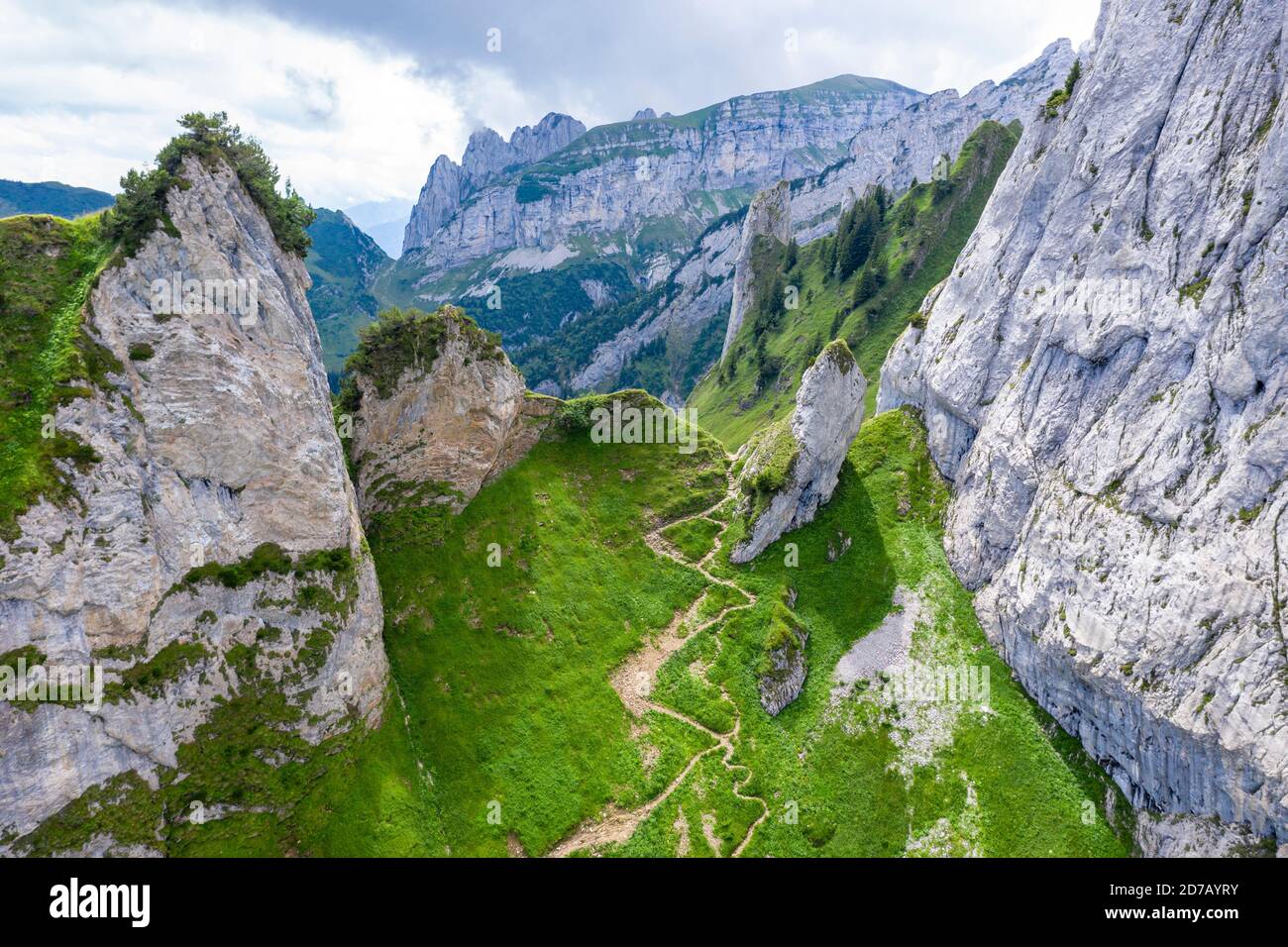 Hiking path in the Alpstein mountain range, from Wasserauen to Mesmer guest house, drone shot, Switzerland. Stock Photo