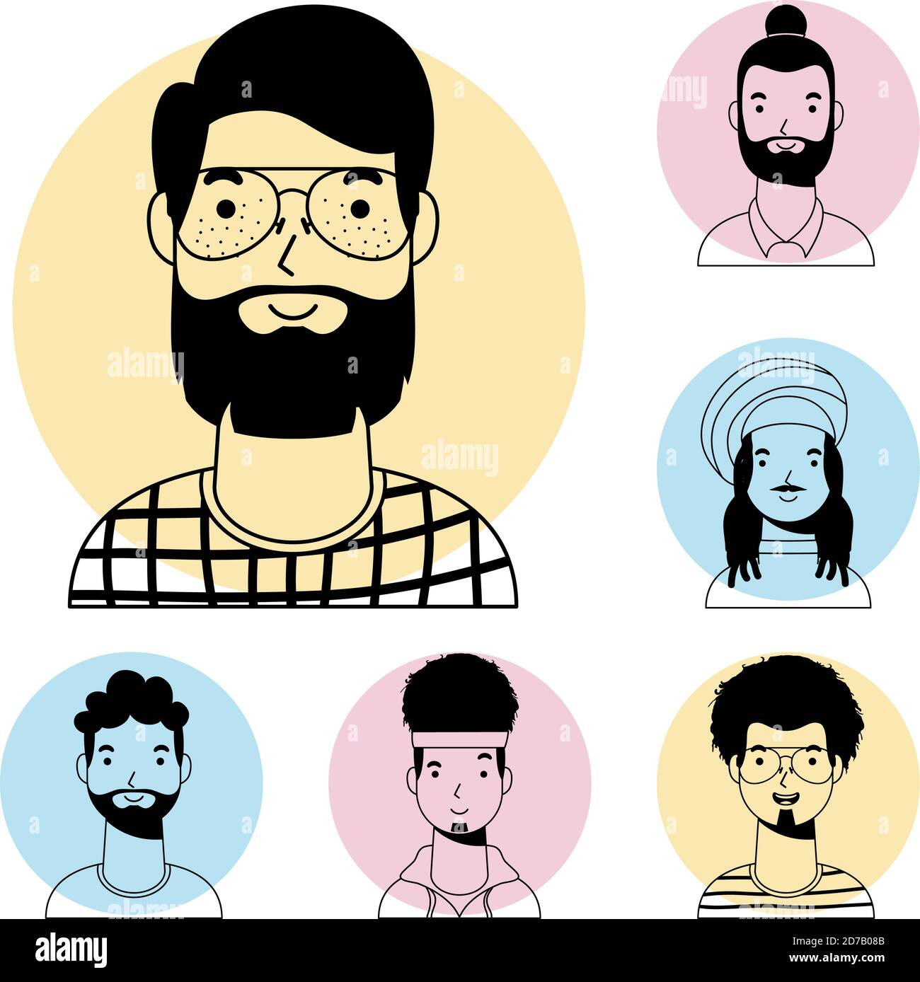 young man with beard and interracial men avatar character vector line ...