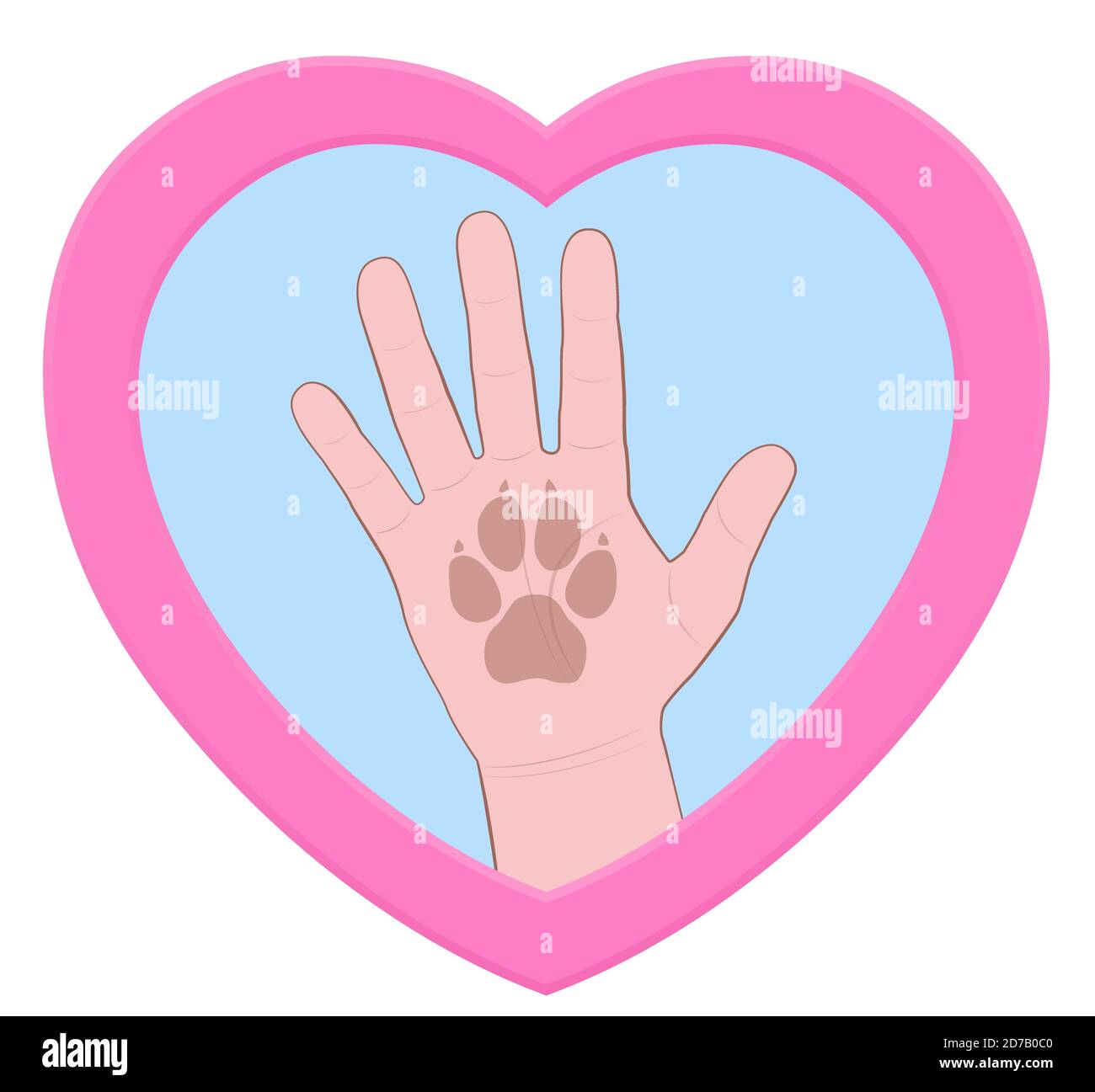 High five. Human hand with dogs paw print in a pink heart shaped logo symbol - comic illustration on white background. Stock Photo