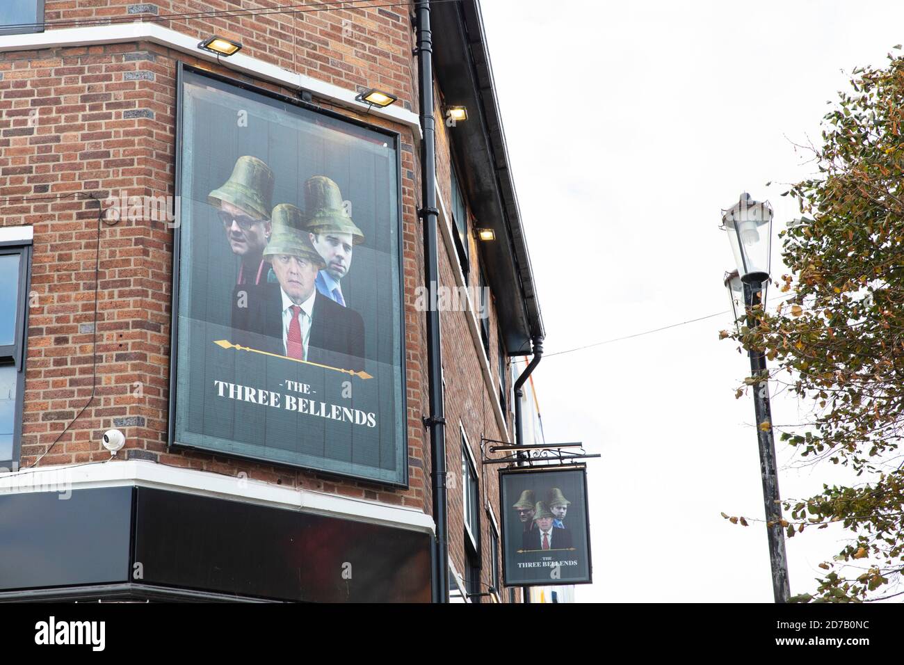 LIVERPOOL, UK - October 2020: The James Atherton Pub in Merseyside is re-named The Three Bellends in protest against the UK Government Stock Photo