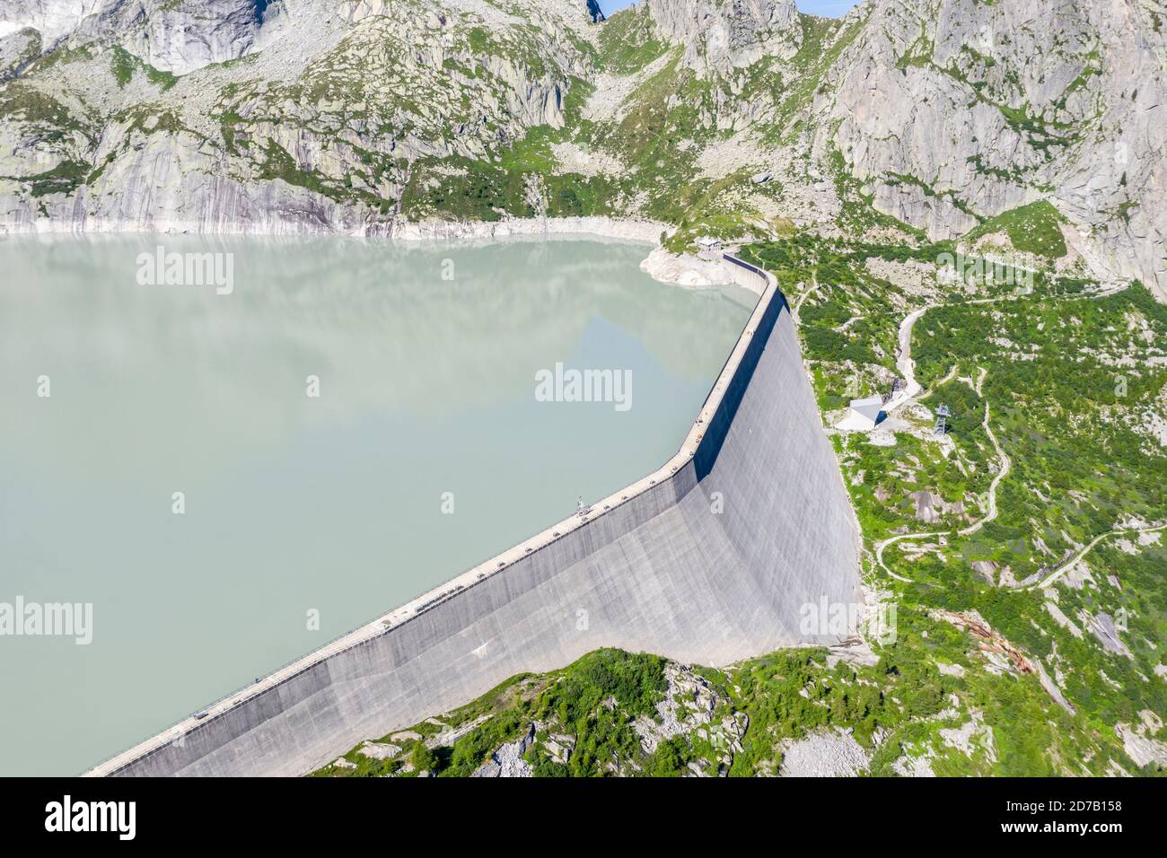 Dam of reservoir Lake Albigna near village Vicosoprano, Bergell ...