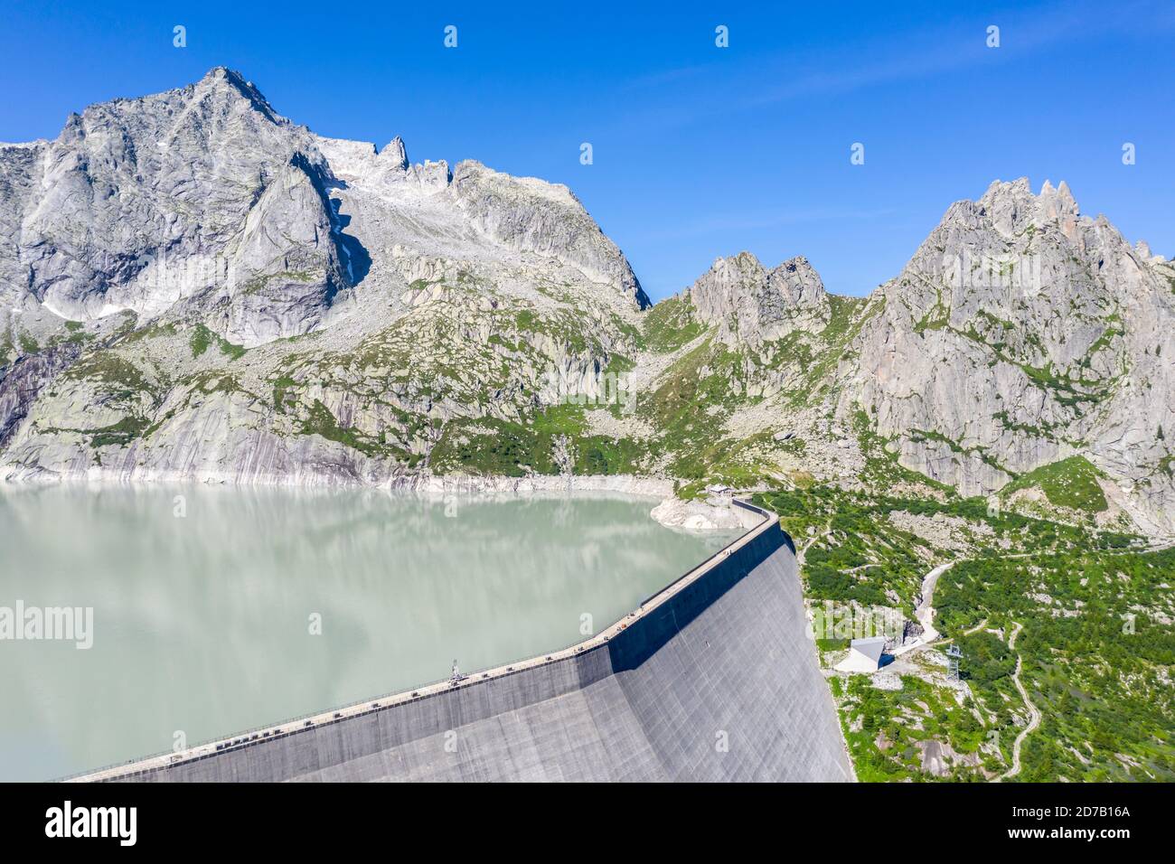 Dam of reservoir Lake Albigna near village Vicosoprano, Bergell ...