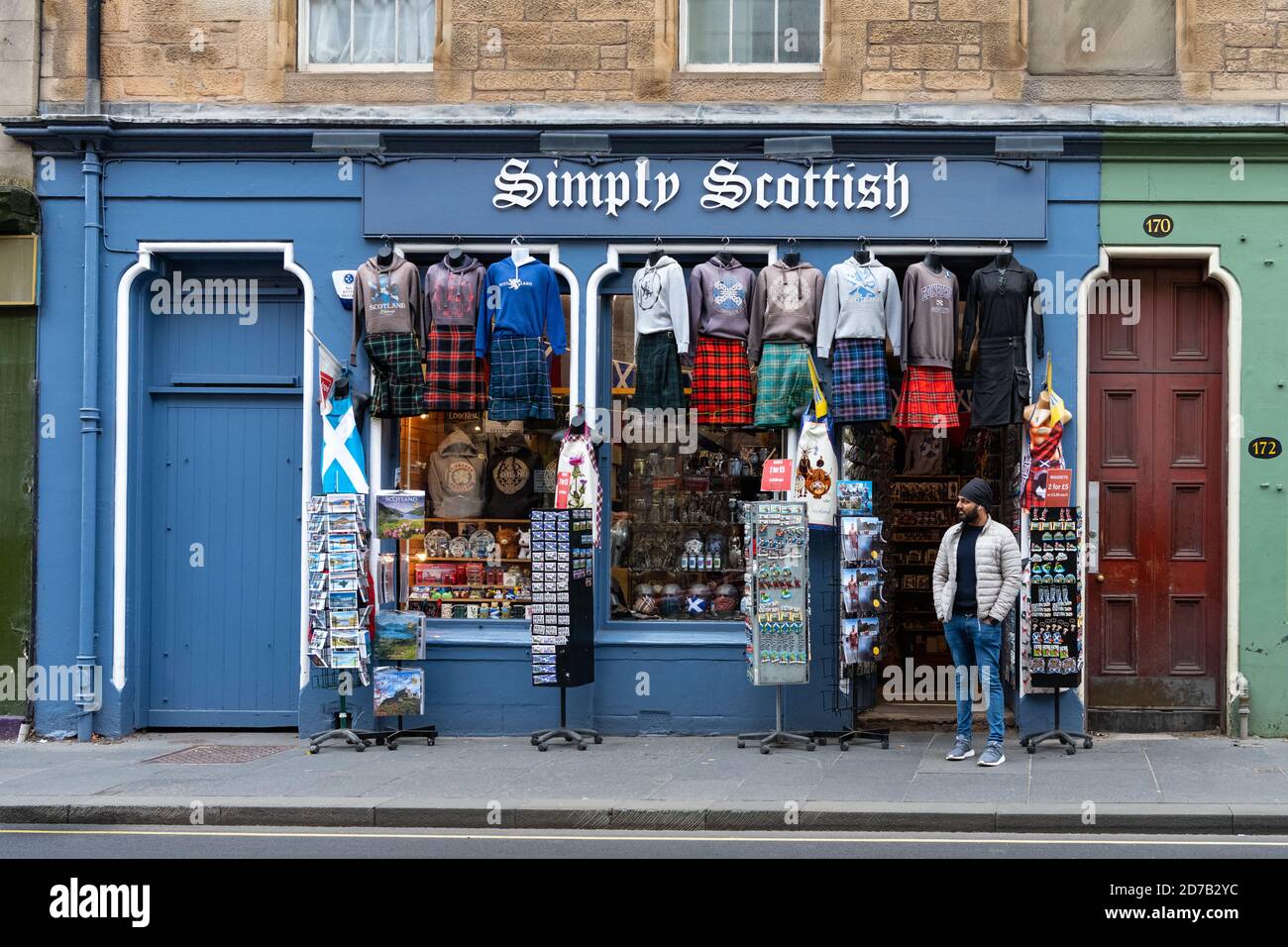 Scottish souvenir shop Simply Scottish on a very quiet Royal Mile Edinburgh Scotland during the coronavirus pandemic 2020 Stock Photo