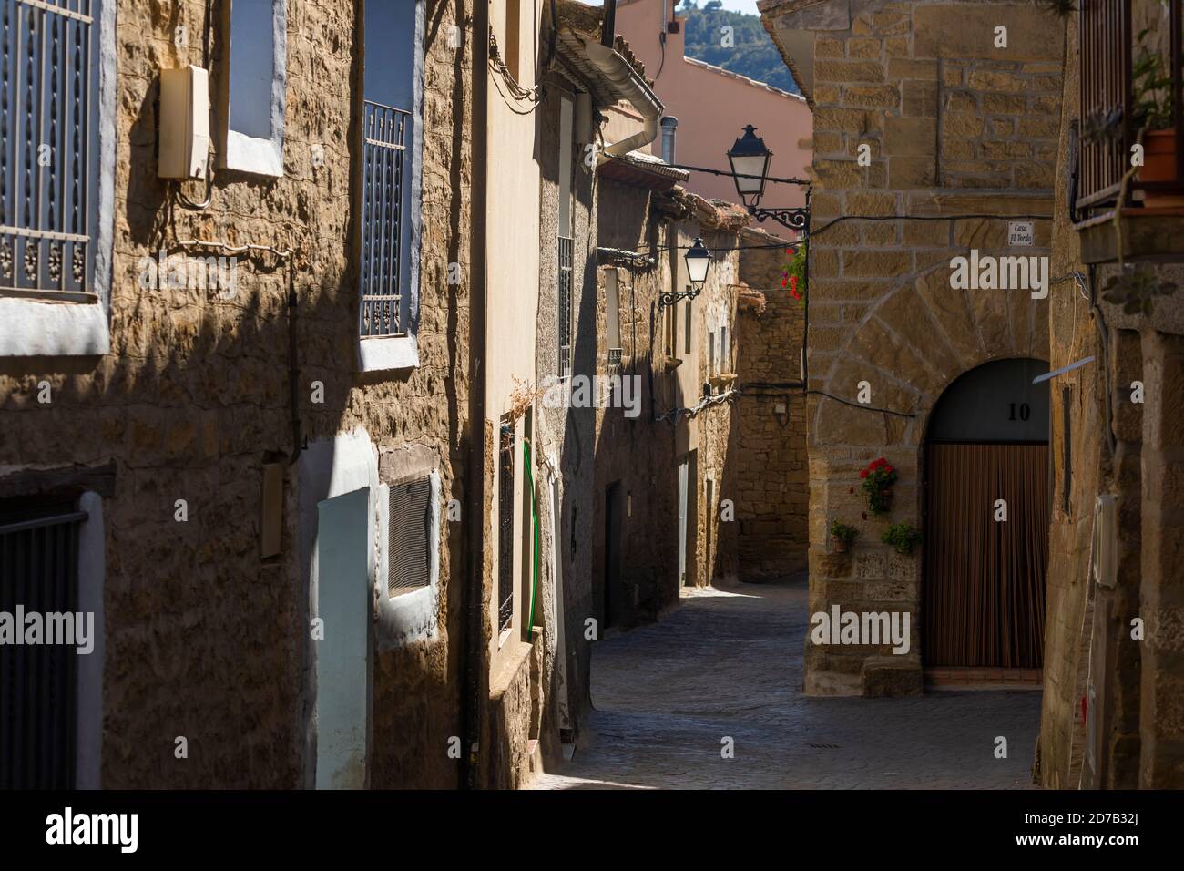Picturesque streets with medieval buildings, in the small town of Ores, in the Cinco Villas region, Aragon, Spain. Stock Photo