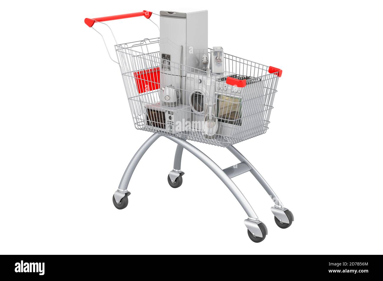 Shopping cart full of kitchen appliances, 3D rendering isolated on white backgrou Stock Photo
