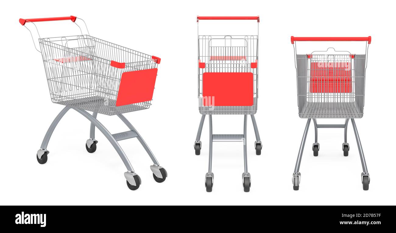 Shopping carts front rear and side views. 3D rendering isolated on white background Stock Photo
