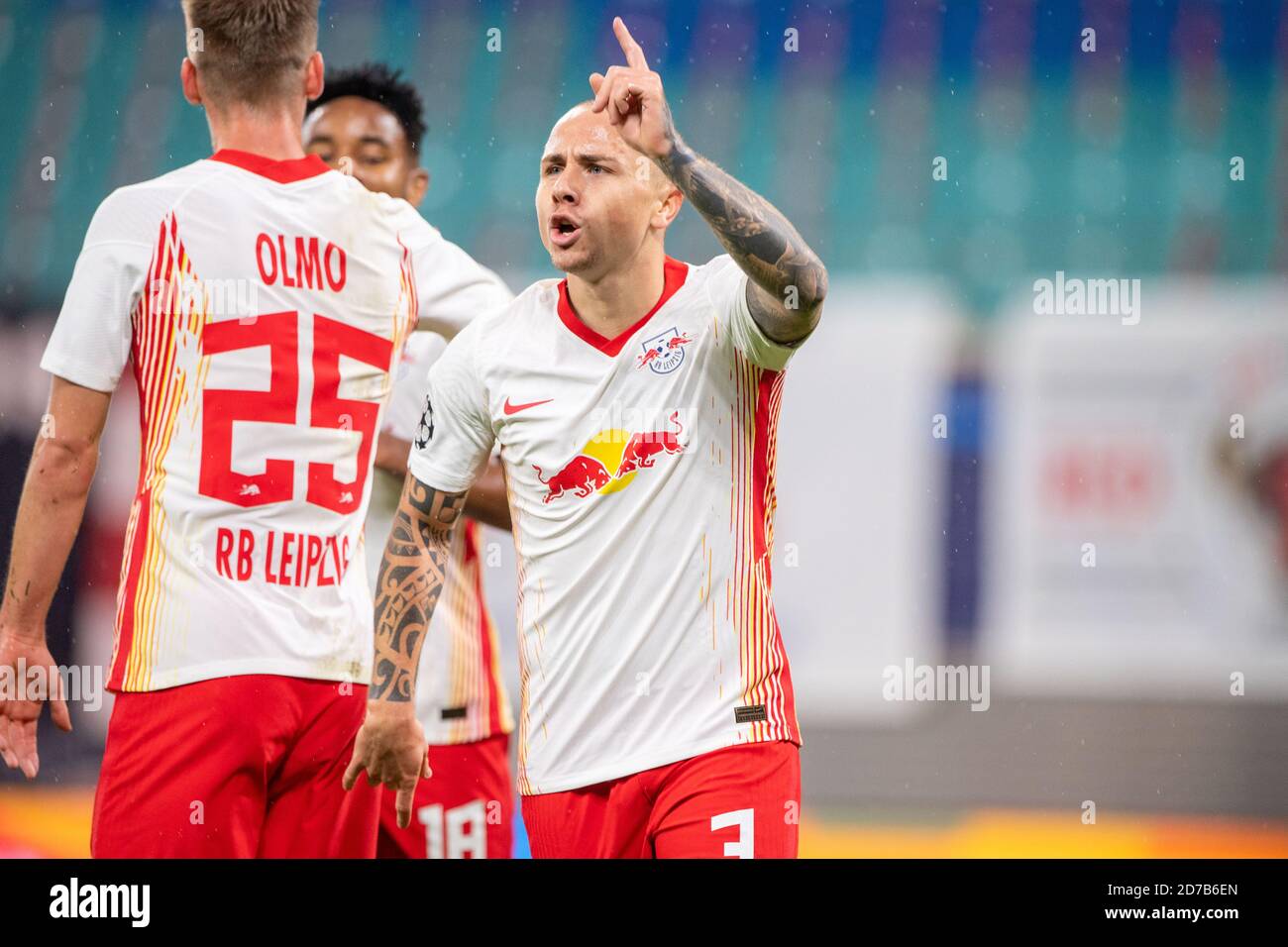 goalschuetze ANGELINO (r., L) cheers about the goal to 2-0 for RB Leipzig, jubilation, jubeln, jubelte, joy, cheers, celebrate, goaljubel, football Champions League, group stage, group H, matchday 1, RB Leipzig (L ) - Istanbul Basaksehir FK (IBB), on October 20, 2020 in Leipzig/Germany. Â | usage worldwide Stock Photo