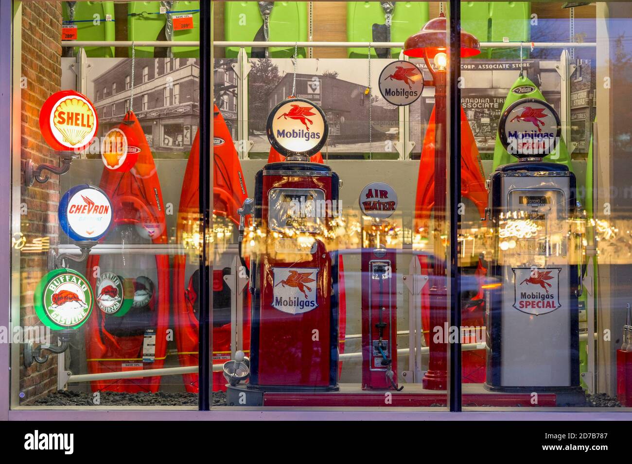 Gas pump display in Canadian Tire Store window, Vancouver, British Columbia, Canada Stock Photo