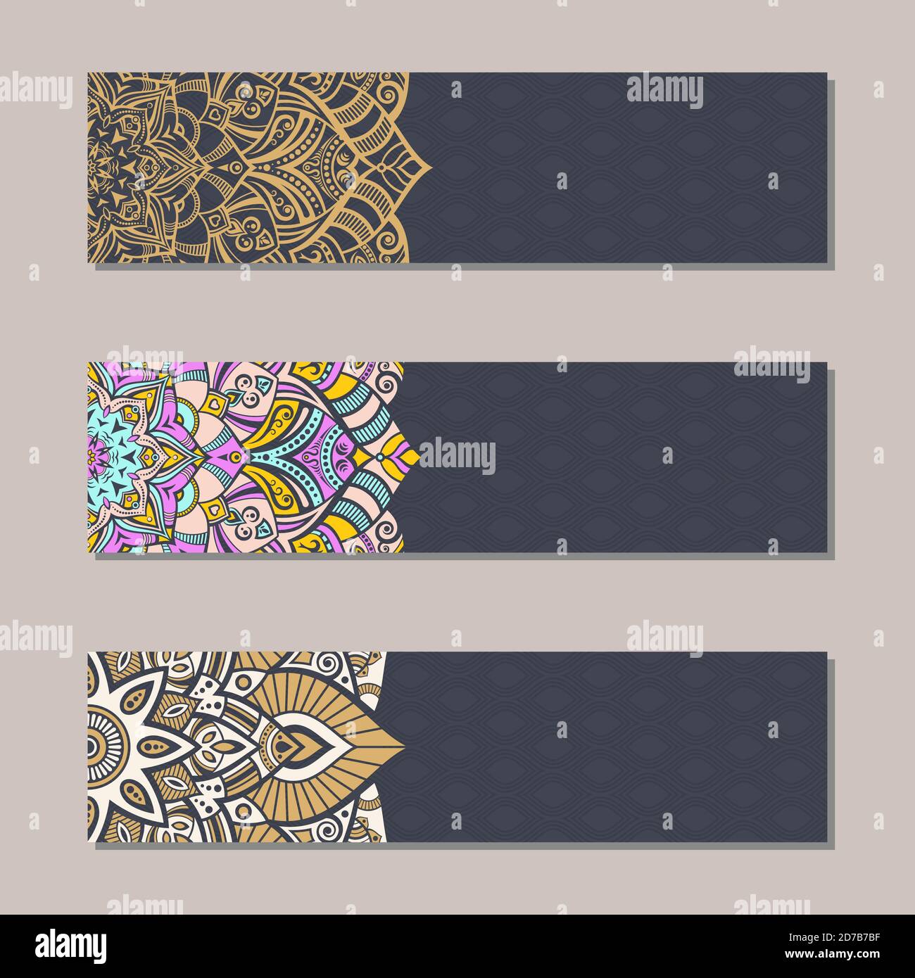 Vector set 3 banners with traditional indian ornaments, lace orient mandala. Decorative elements.  Ethnic Mandala ornament. Islam, Arabic, Indian. Stock Vector