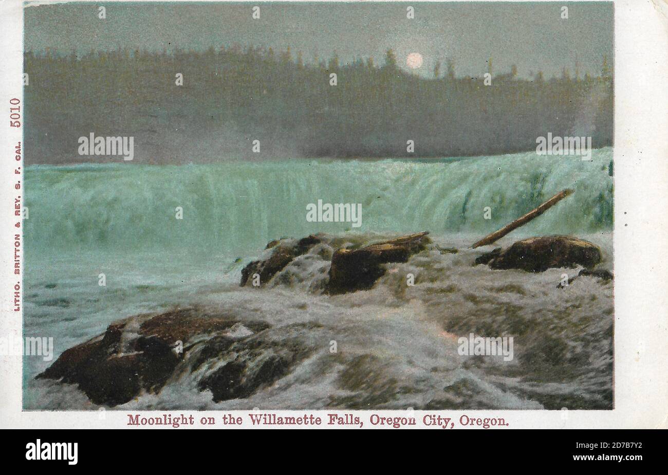 Moonlight on the Willamette Falls in Oregon City, Oregon. Image from old Divided Back era postcard. Stock Photo