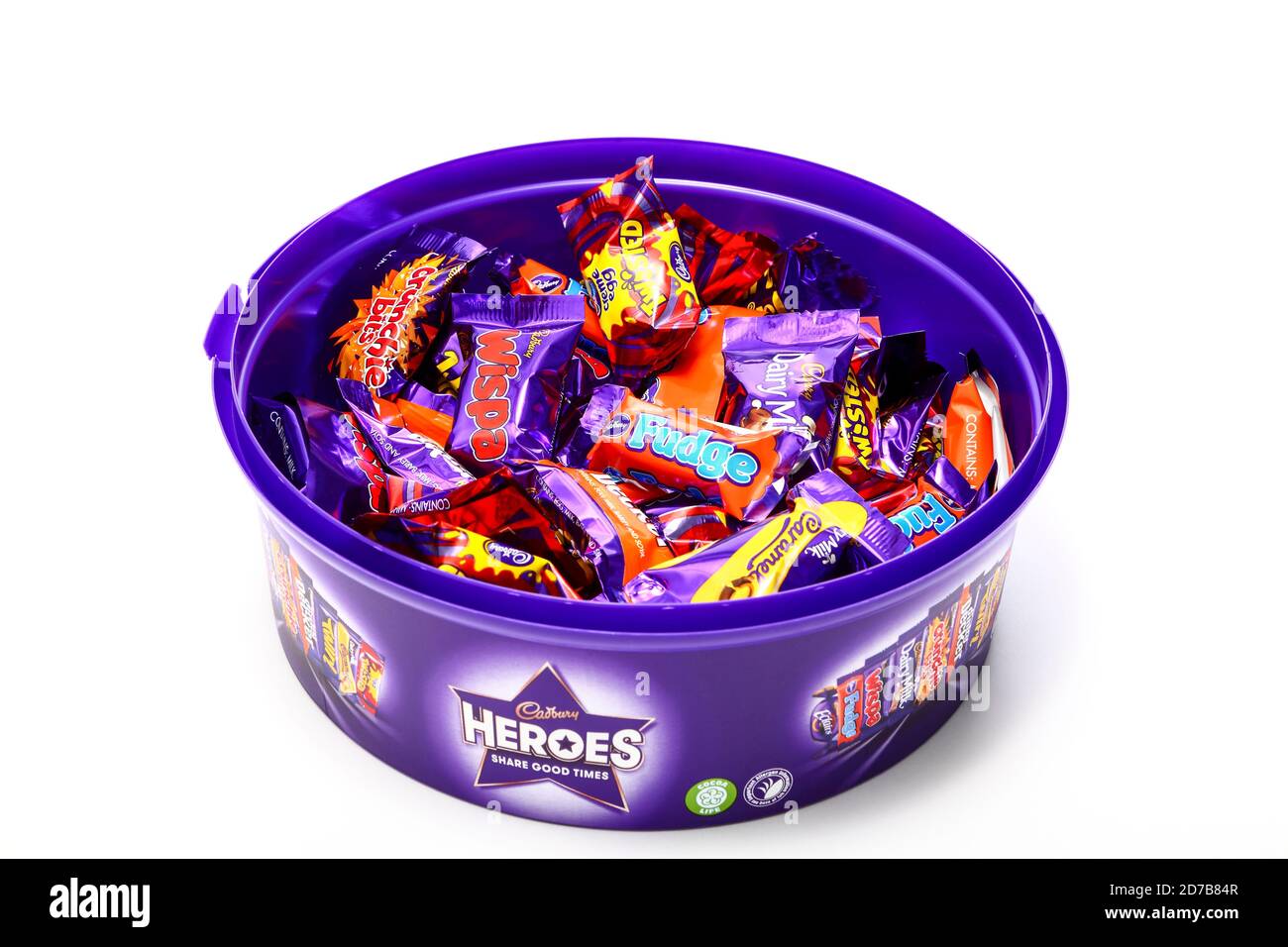 Tub of Cadbury Heroes with miniature bars of chocolate including Wispa