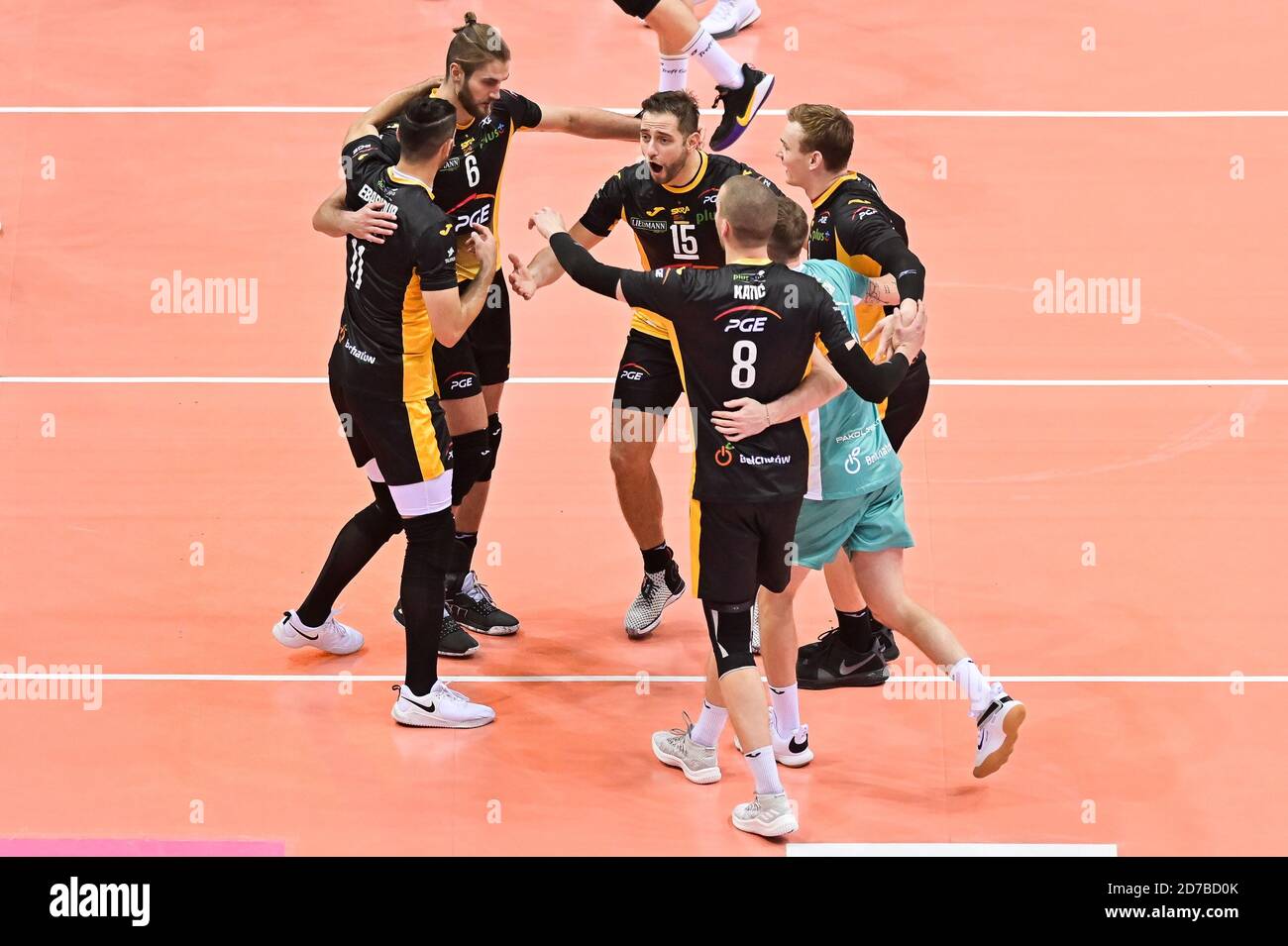 Karol Klos and Grzegorz Lomacz in action during the Plus Liga match between Trefl Gdansk and PGE Skra Belchatow at Ergo Arena stadium.(Final score: Trefl Gdansk 1:3 PGE Skra Belchatow) Stock Photo