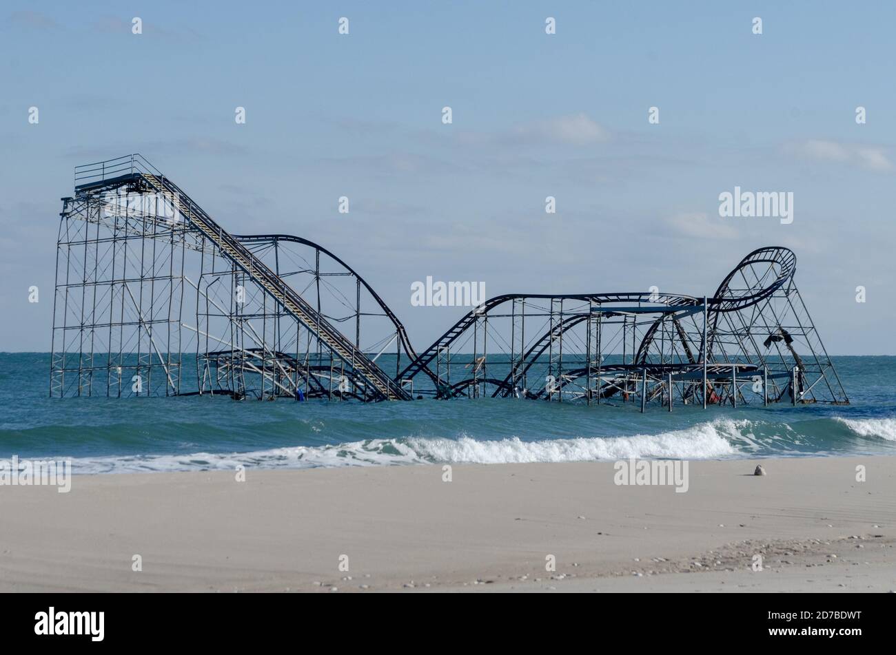 A roller coaster sits in the Atlantic Ocean after a pier collapsed following Hurricane Sandy. Sandy hit on October 29, 2012. Photo by Liz Roll Stock Photo