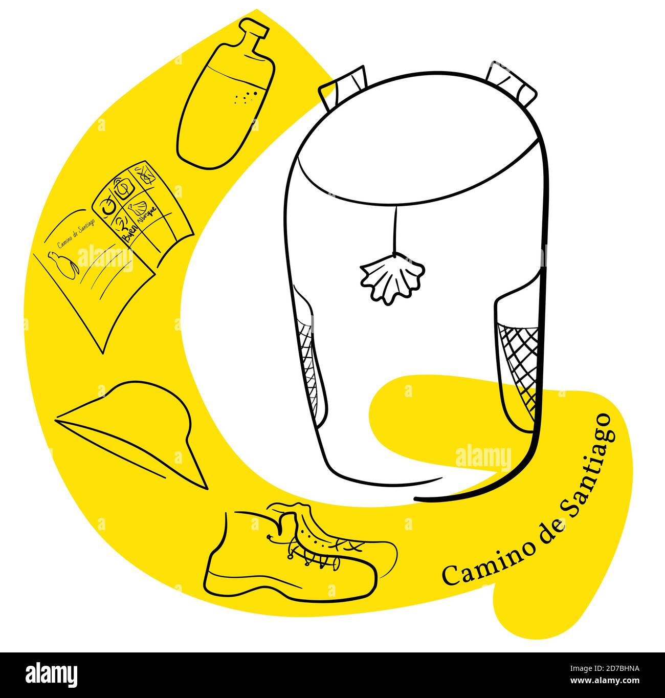 Pilgrim s backpack and yellow arrow. Panama hat, backpack, pilgrim passport, boots, water. Translation of the Camino de Santiago St. James s Path - A Stock Vector