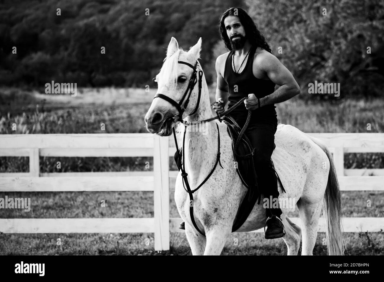 Attractive man sitting on white horse on the ranch in autumn. Full length of young handsome man sitting on his stallion at the country side. Man Stock Photo