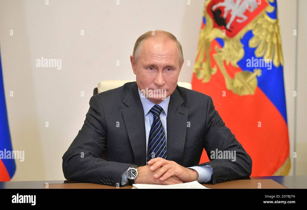 Russian President Vladimir Putin, holds a video conference meeting to  congratulate Nikita Mikhalkov, film director, actor, National Artist of the  RSFSR and Chairman of the Union of Cinematographers, on his 75th birthday