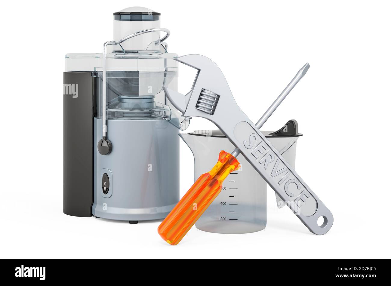 Repair and service of electric juicer, 3D rendering isolated on white