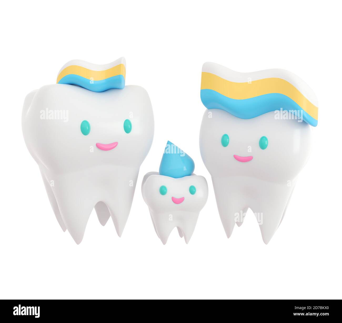 Cute happy smiling family of teeth with toothpaste hairstyle. Family stomatology concept. Clear tooth concept. Brushing teeth. Dental kids care. 3d Stock Photo