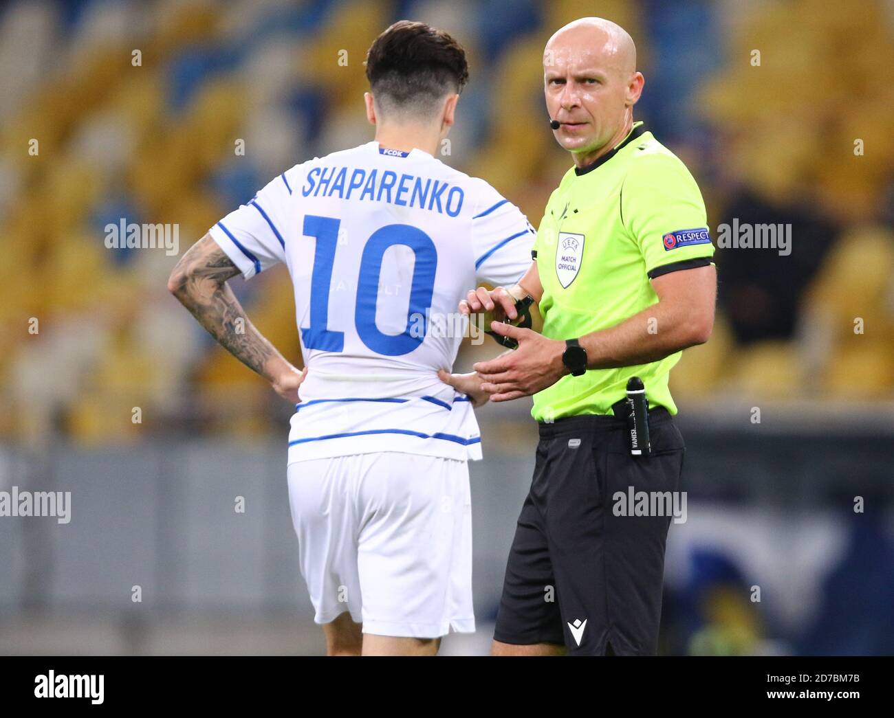 KYIV, UKRAINE - SEPTEMBER 29, 2020: Referee Szymon Marciniak (Poland) in action during the UEFA Champions League play-off game Dynamo Kyiv v Gent at NSC Olimpiyskyi stadium in Kyiv Stock Photo