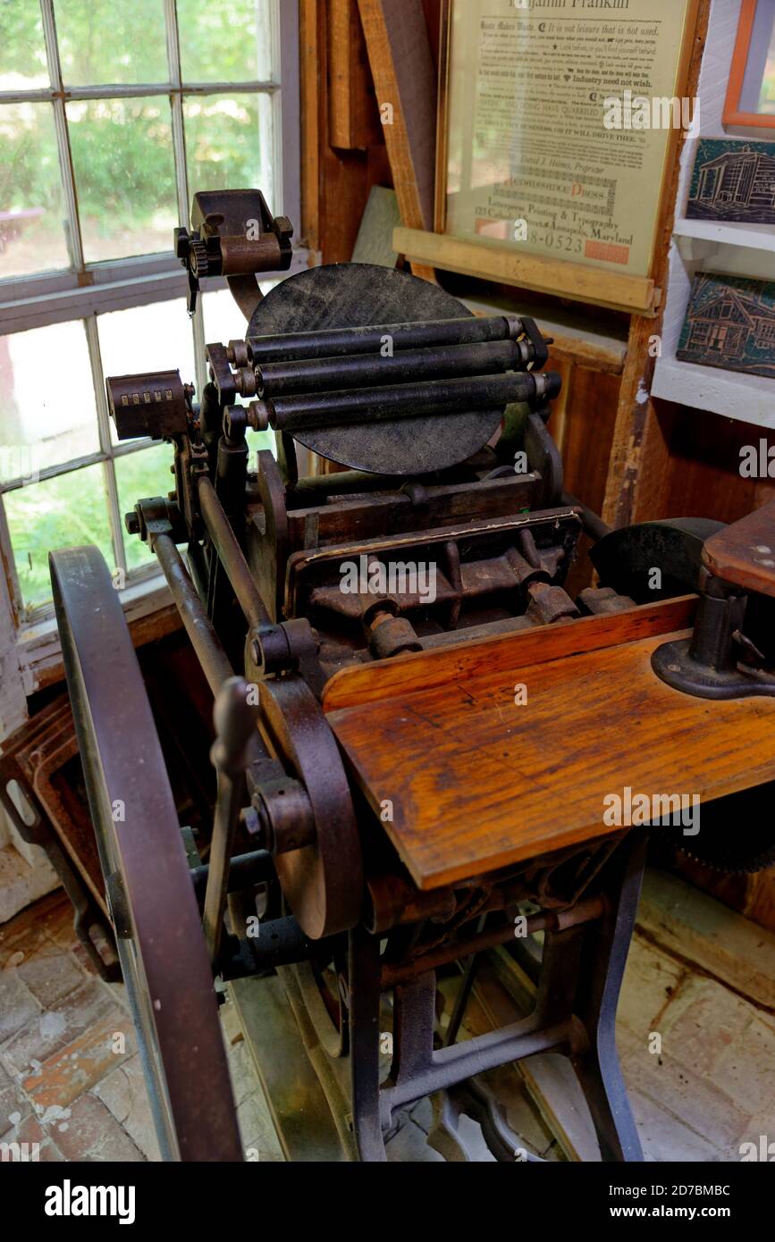 Antique printing press at old print shop. Furnace Town, Snow Hill