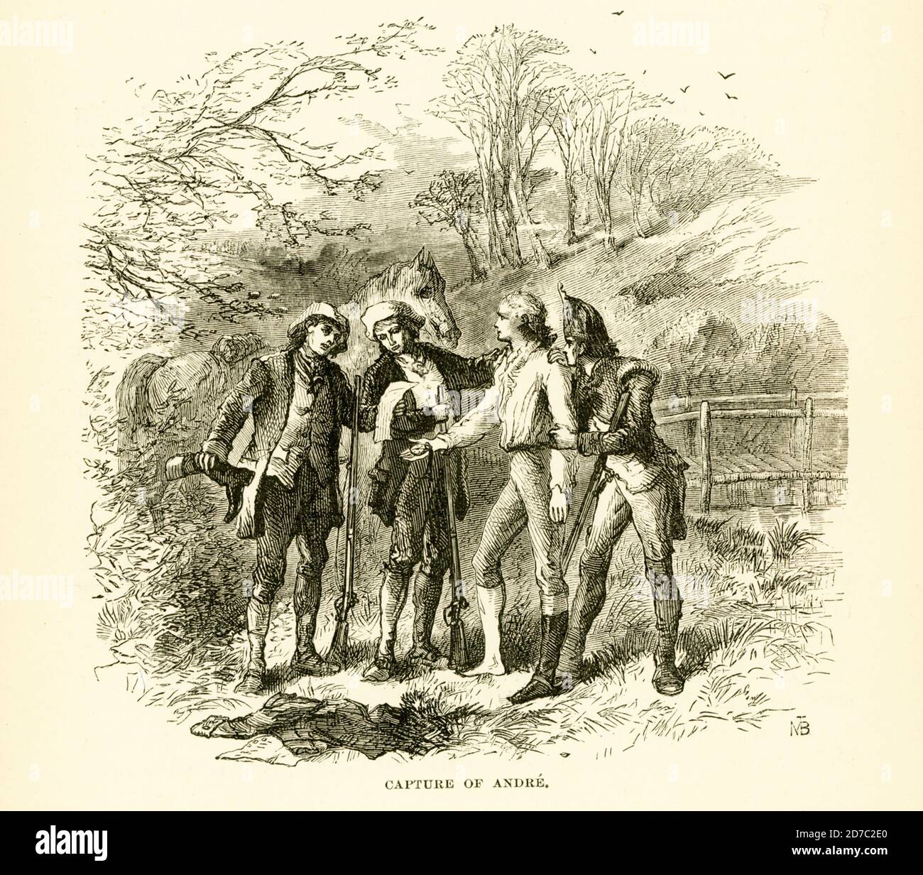 Capture of Andre in 1780. Major John Andre (1751-1780) served as a British spy during the American Revolution (1775-1783). He was found guilty of negotiating with Benedict Arnold for the betrayal of West Point and, after a trial by court-martial, was found guilty. He was hanged in Tappan, New York. Stock Photo