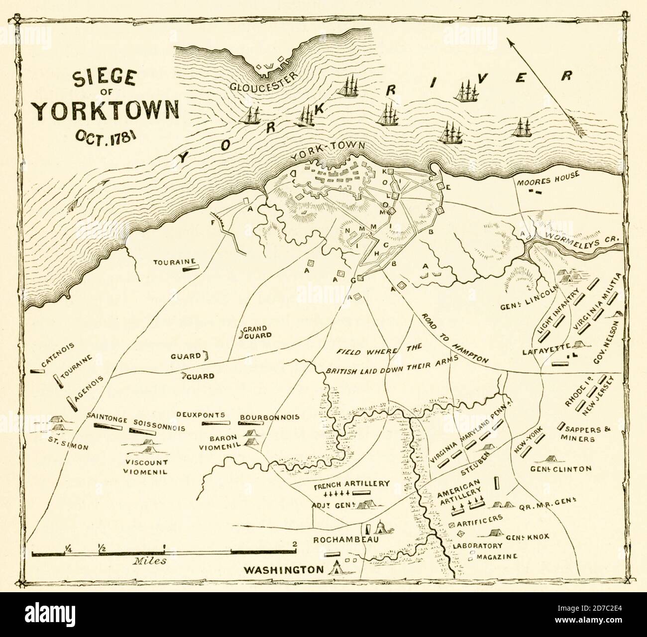 Siege of Yorktown Oct 1781. The Siege of Yorktown (also known as the Battle of Yorktown, the surrender at Yorktown, or the German Battle) ended on October 19, 1781, at Yorktown, Virginia. It was a decisive victory by a combined force of American Continental Army troops led by General George Washington and French Army troops led by the Comte de Rochambeau over a British army commanded by British peer and Lieutenant General Charles Cornwallis. Stock Photo