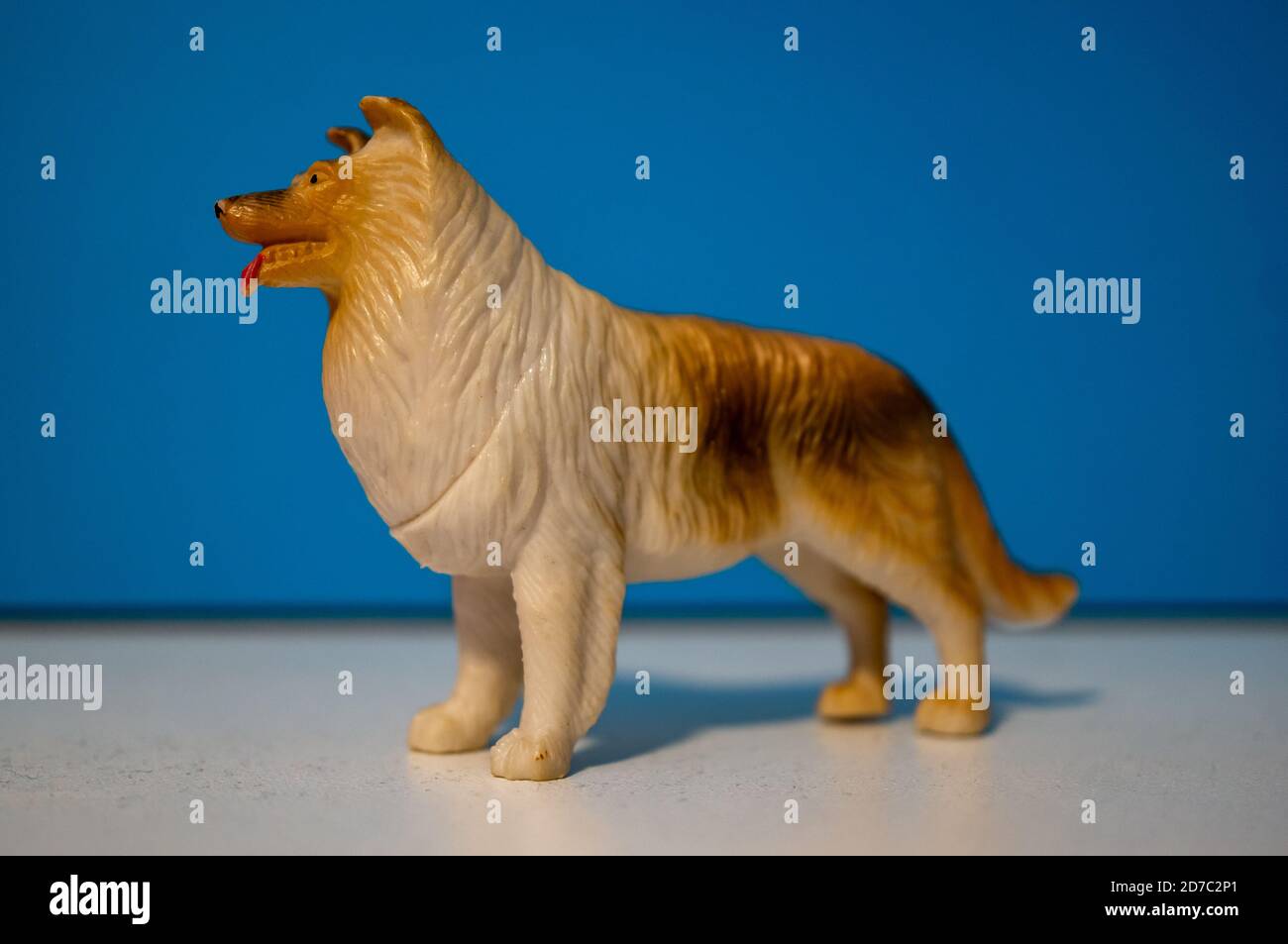 Closeup of a Rough Collie toy figurine on blue background Stock Photo