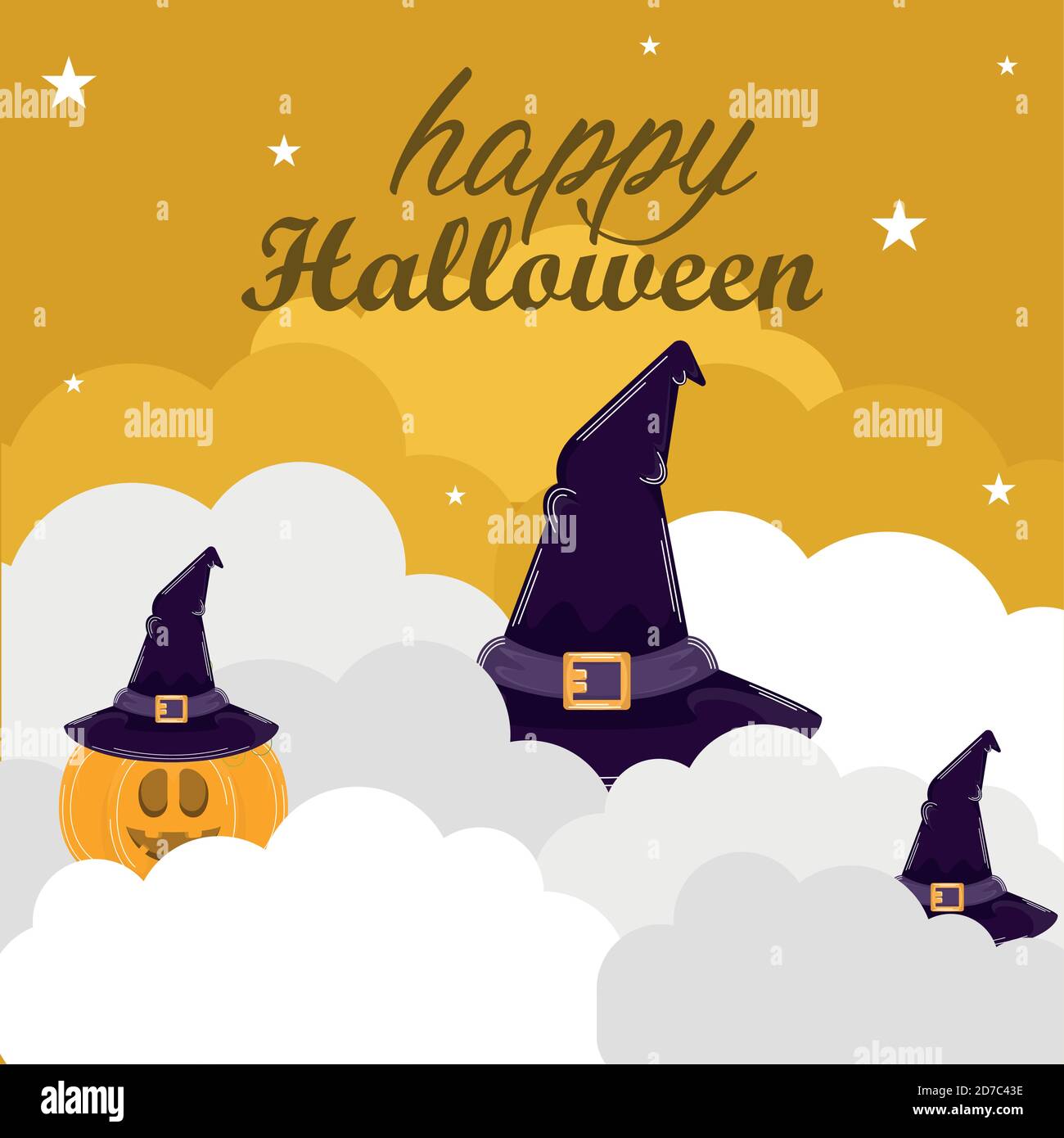 Pumpkin and witch hats. Happy halloween card - Vector illustration ...