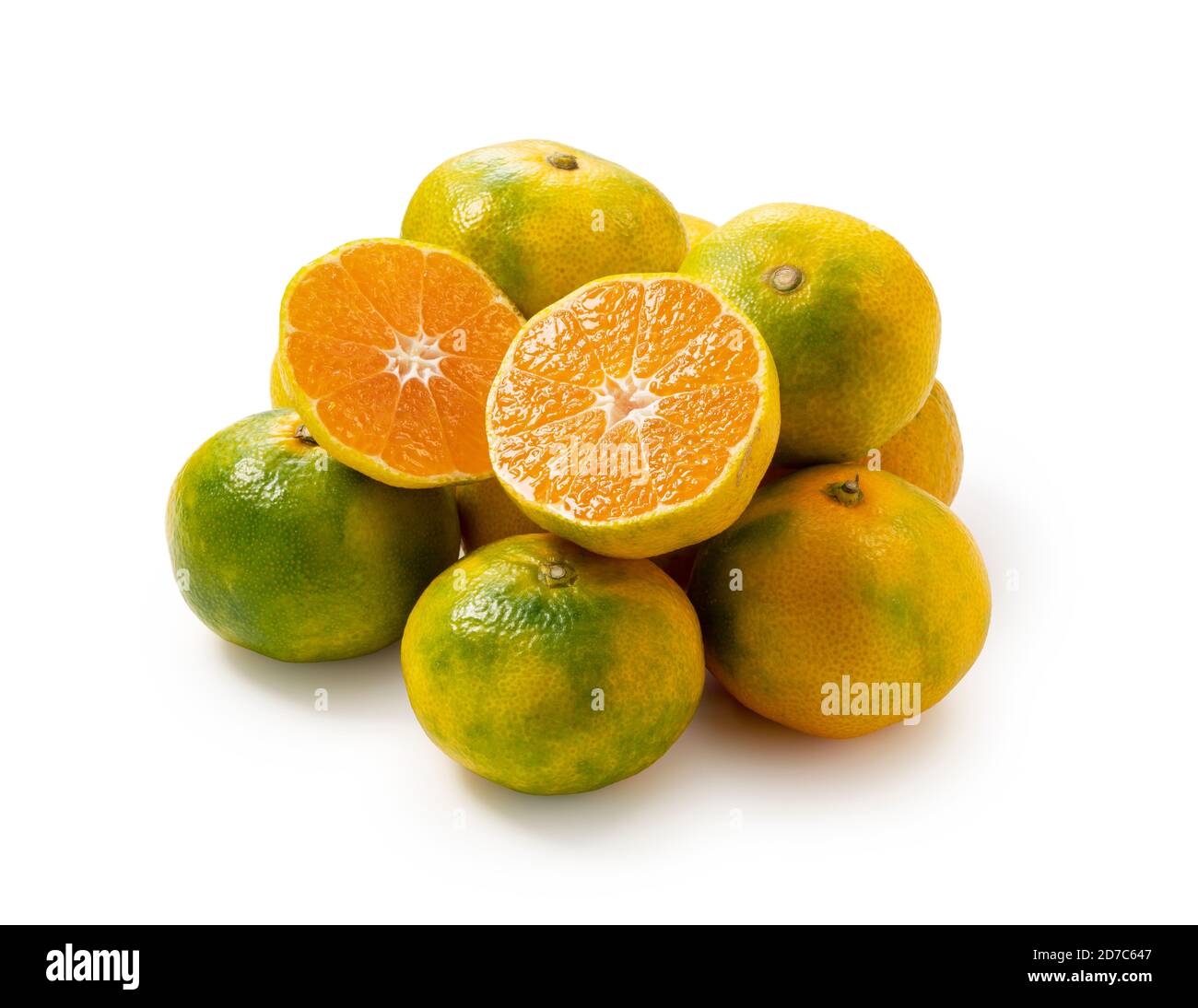 Cut Japanese early maturing mandarin oranges on a white background