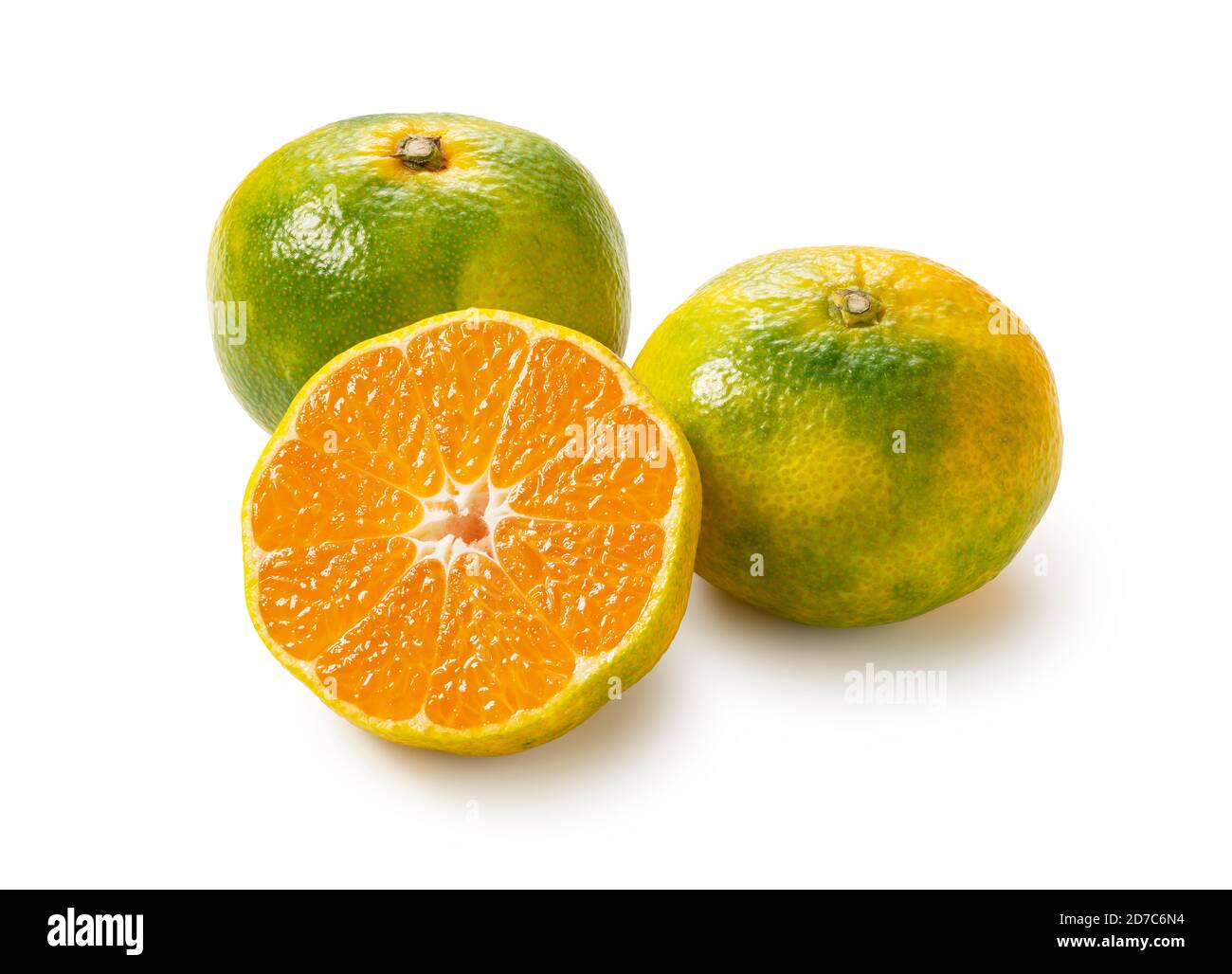 Cut Japanese early maturing mandarin oranges on a white background