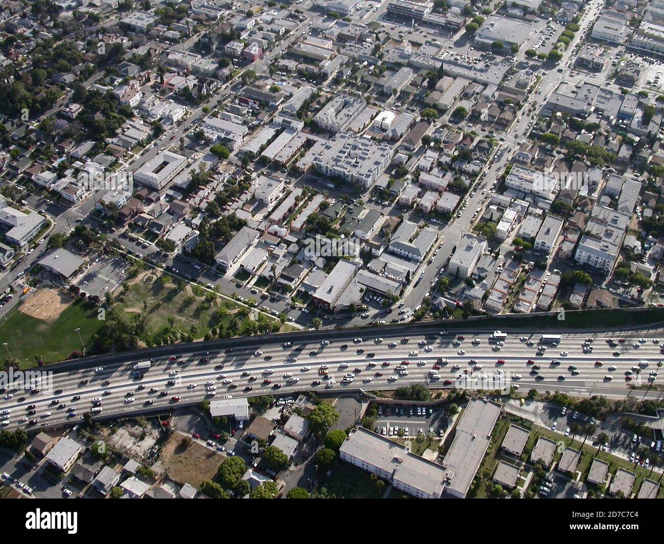 Los Angeles, California, USA - May 2004:  Archival aerial view above the Hollywood 101 Freeway near Santa Monica Blvd. Stock Photo
