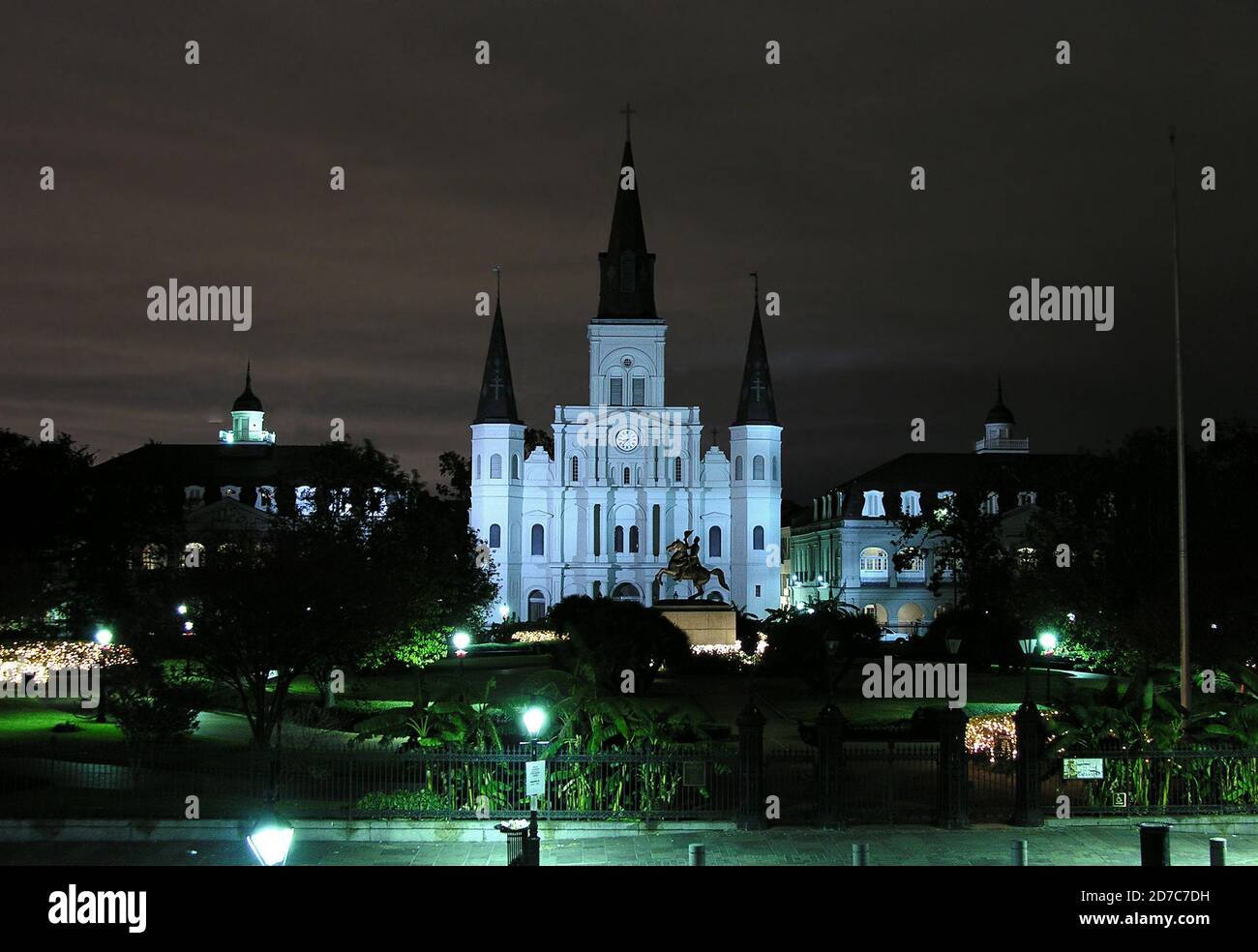 NEW ORLEANS, LOUISIANA  - DECEMBER 7, 2005:  Archival night view of St Louis Cathedral in the historic French Quarter of New Orleans. Stock Photo
