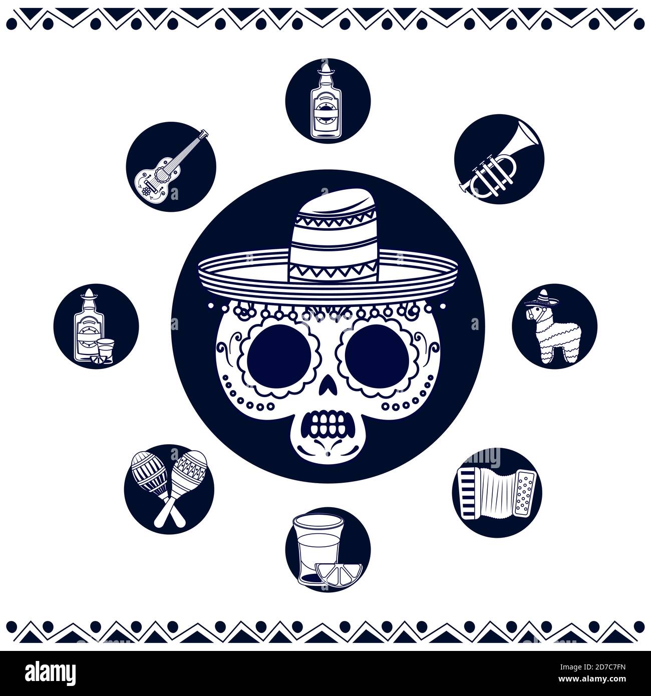 mexican maricachi skull with set line style icons vector illustration design Stock Vector