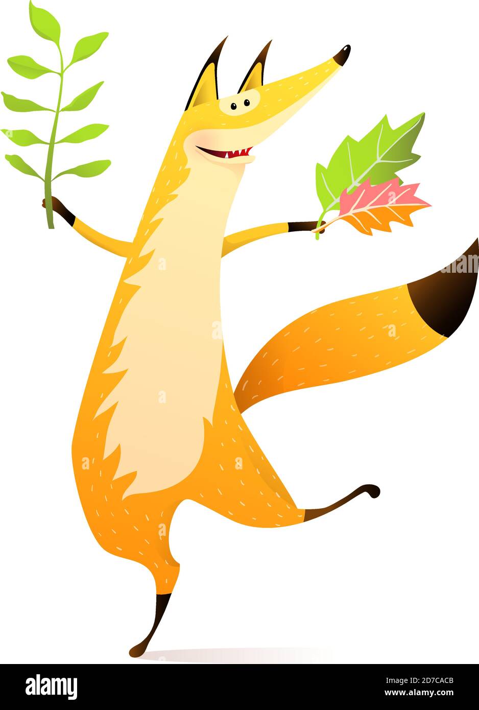 Wild Happy Fox Dancing with Fall Leaf Happy Smile Stock Vector