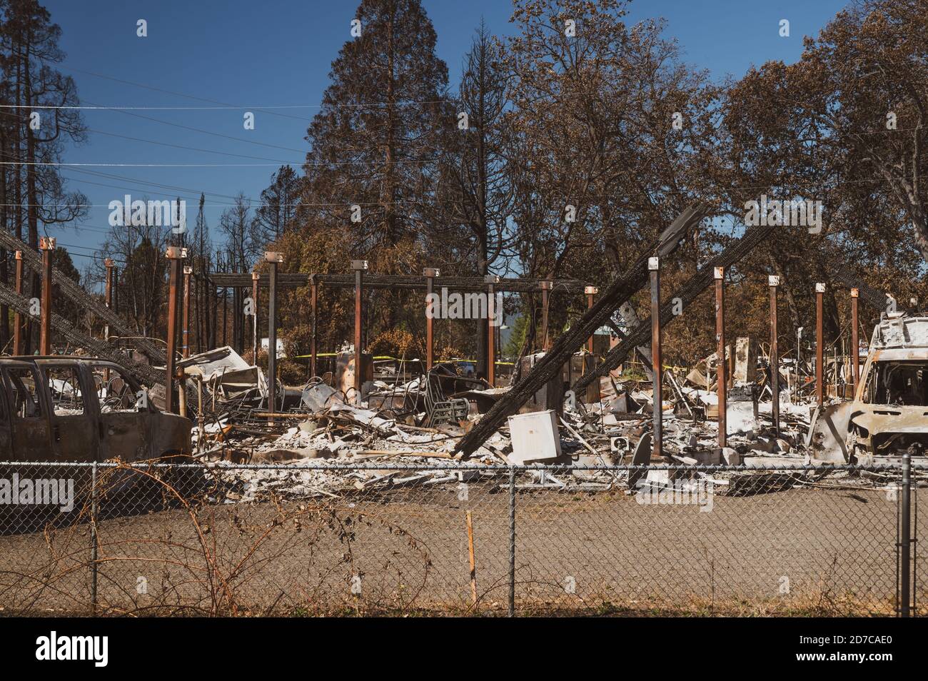 For Rent sign by burned out mobile home park in Oregon  Stock Photo