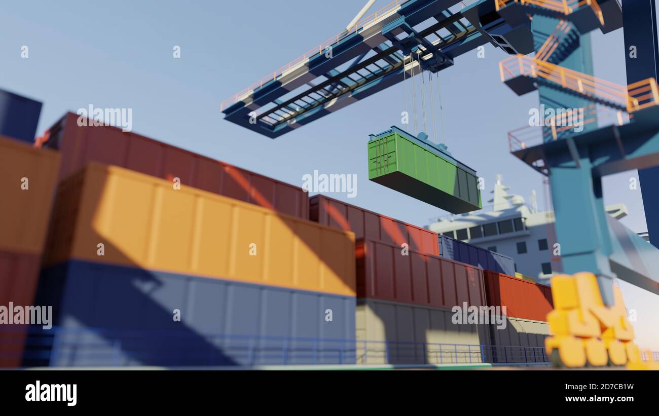 Port cranes loading containers on a cargo ship at the port. Digital 3D ...